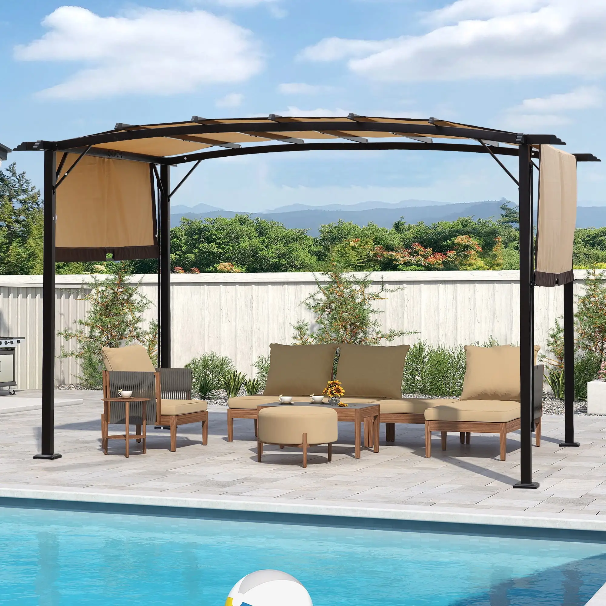 Perfect Garden 12' L x 9' W Outdoor Patio Steel Frame Pergola with Retractable Canopy Shade. Color Beige