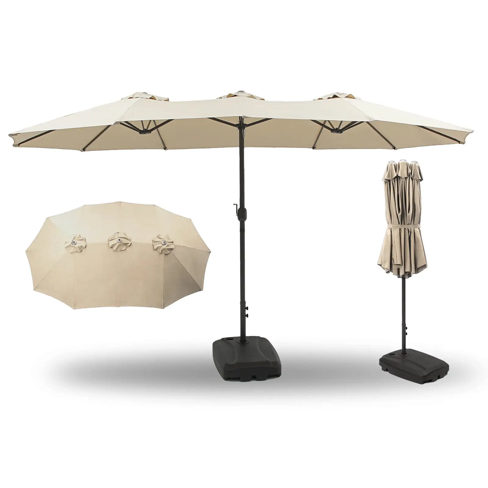 Plainsity 15 Foot Large Outdoor Patio Umbrella with Heavy Duty Rolling Base. Long Rectangular Double-Sided Umbrella for Sun Shade. Market. Table. Patio. Porch. Garden. Deck. Backyard. Pool (Beige)