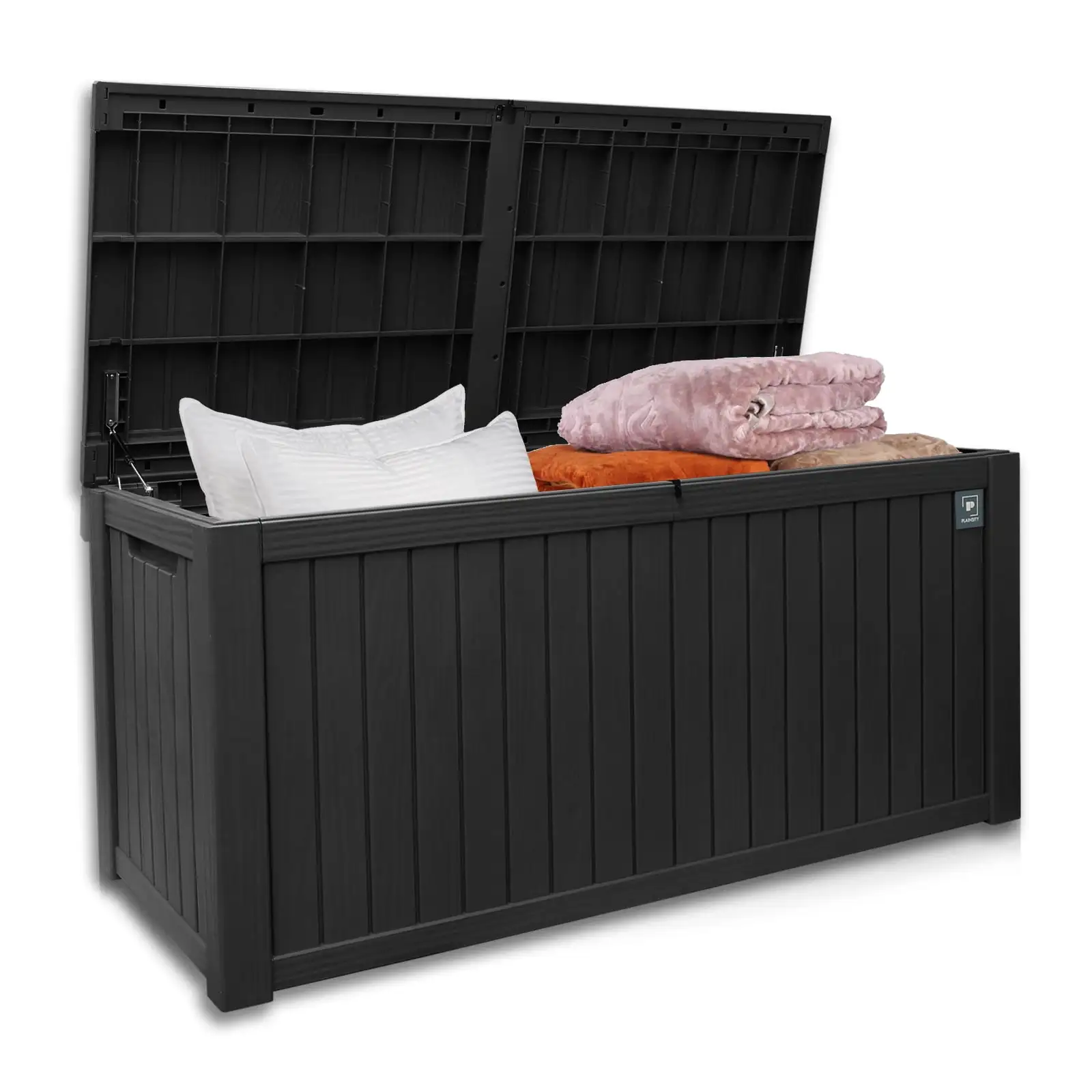 Plainsity 180 Gallon Large Deck Box. Resin Outdoor Storage Box Waterproof Lockable Container for Backyard Cushion. Patio Furniture. Toys. Pool Accessories. Garden Tools and Equipment Black