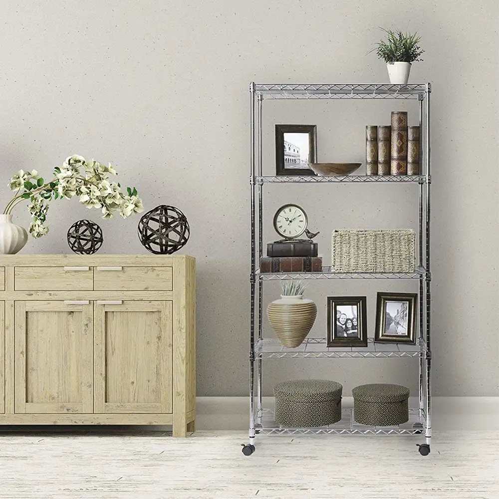 Plated Iron Wire Storage Shelves. 5 Tier Heavy Duty Storage Shelves with Wheels for Garage. Cube Garage Tower for Kitchen. Carbon Steel Storage Rack Storage Racks and Shelving. Chrome. S7922