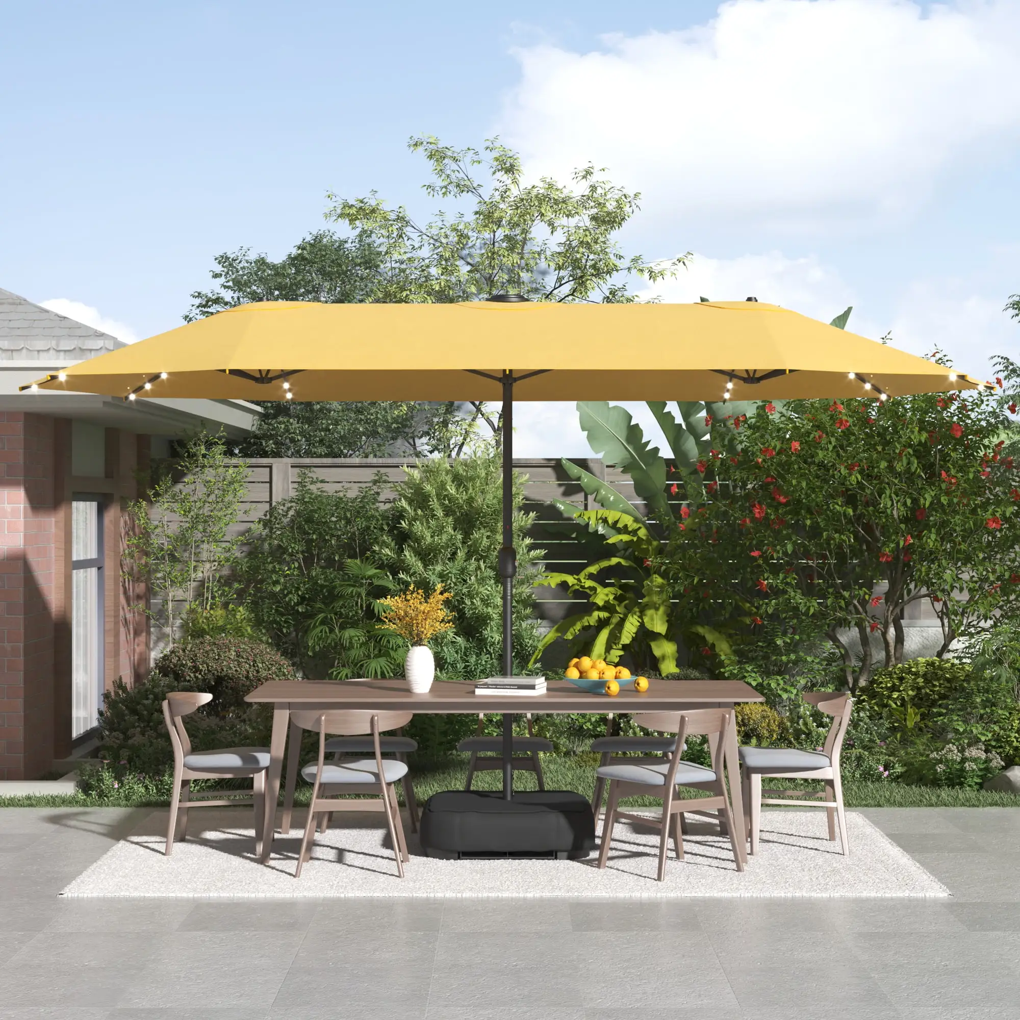 Prime Garden 15ft Double-Sided Patio Umbrella with LED Solar Lights.Base Included.Yellow