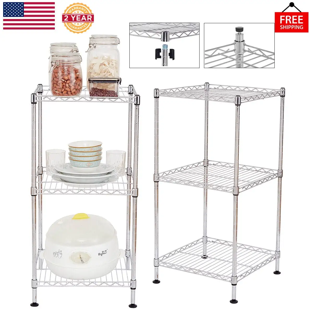 Promotion Sale! 3-Tier Wire Shelving Unit Adjustable Steel Wire Rack Shelving 3 Shelves Steel Storage Rack or Two 3 Tier Shelving Units with PE mat and Stable Leveling Feet. NSF Certified. Chrome