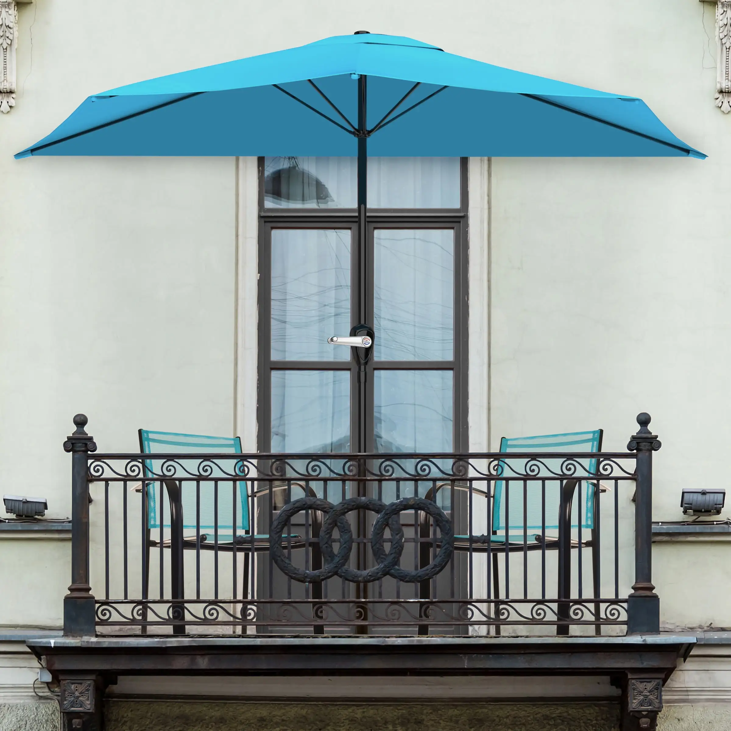 Pure Garden 9ft Half Umbrella for Balcony. Porch. or Deck. Brilliant Blue