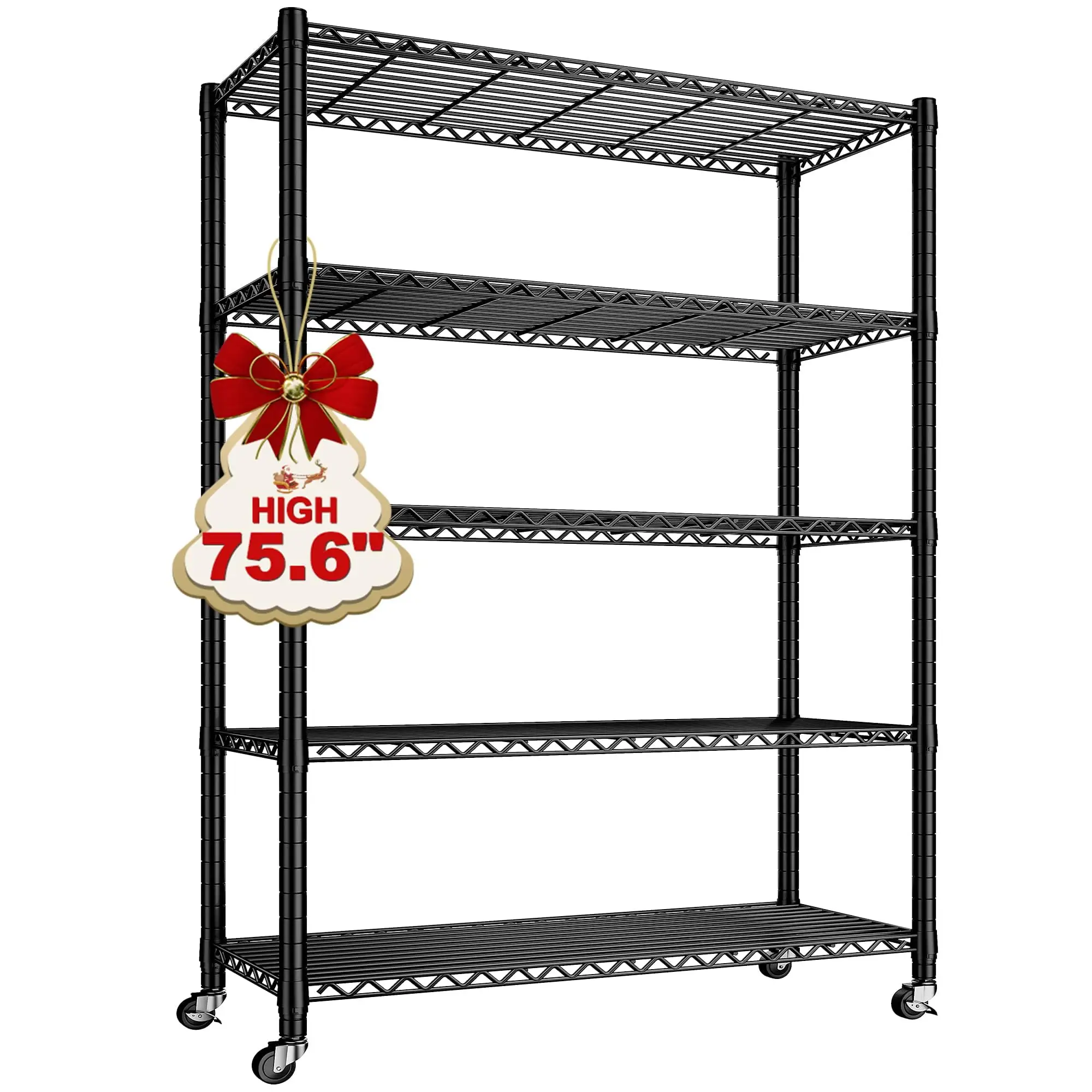 REIBII Storage Shelves Wire Shelving Unit with Wheels 75.6 H Adjustable 5 Tier Metal Shelves Heavy Duty Pantry Shelves Load 2150LBS