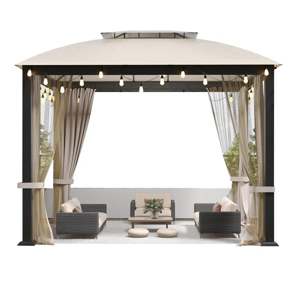 RONSHIN 10X10Ft Soft Top Metal Gazebo.Outdoor Gazebo with Mosquito Netting.Sunshade Curtains.Patio Gazebo Canopy Tent.Galvanized Steel Design Outdoor Tent