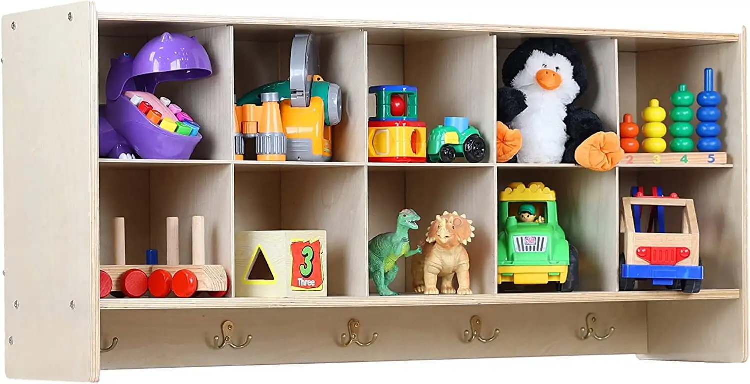 RRI Goods Wall Cubby Storage Organizer with Hooks. Natural Wooden Hanging Wall Organizer Shelf