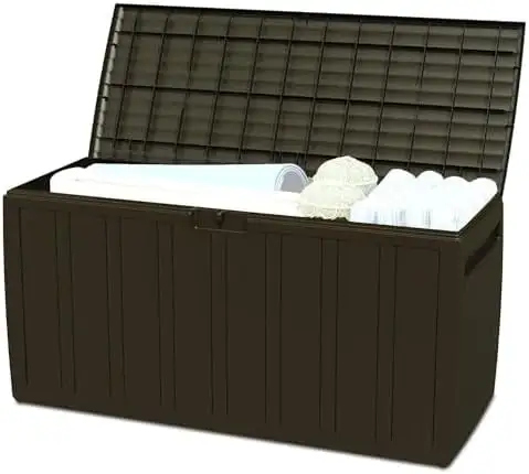 Ram Quality Products Plastic 90 Gallon Outdoor Lockable Backyard Storage Bin Deck Box for Cushions. Toys. Pool Accessories. and Towels. Brown