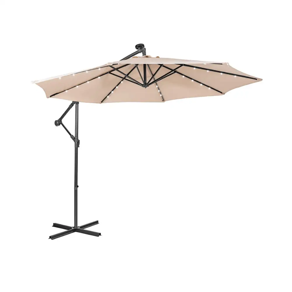 Resenkos 10 Feet Patio Solar Powered Cantilever Umbrella with Tilting System-Beige. Patio Offset Umbrella with Easy Tilt Adjustment. Outdoor Hanging Umbrella. Sunshade Umbrella Canopy