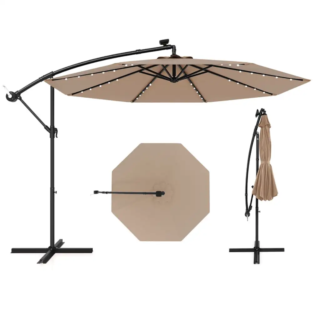 Resenkos 10 Feet Solar Offset Hanging Umbrella with 40 Lamp Beads and Solar Panel-Tan. Patio Offset Umbrella with Easy Tilt Adjustment. Outdoor Hanging Umbrella. Sunshade Umbrella Canopy