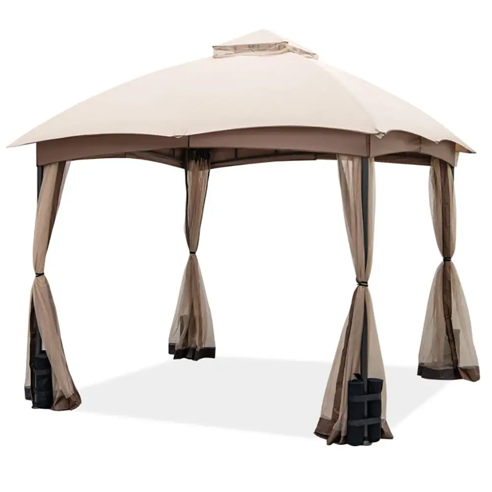 Resenkos 10 X 10 Feet Patio Double-Vent Gazebo with Privacy Netting and 4 Sandbags-Khaki. Hardtop Roof for Garden.Backyard Shade