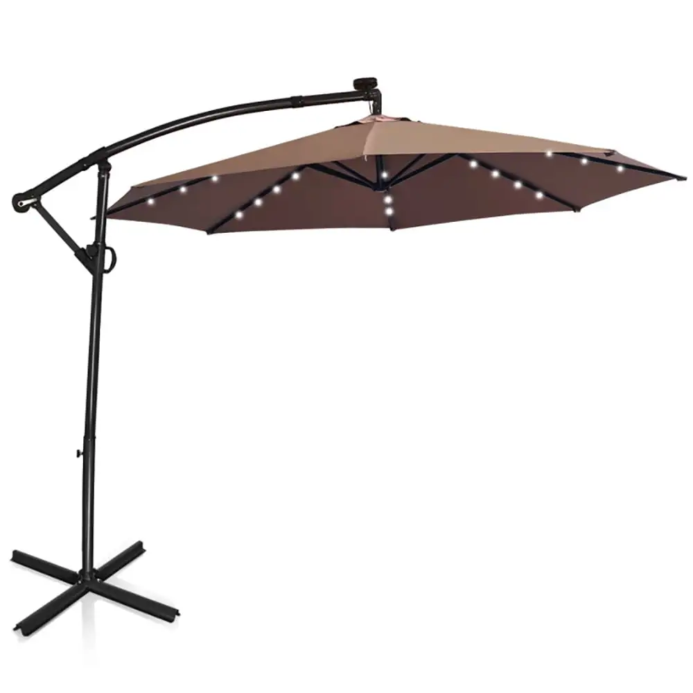 Resenkos 10 ft 360?? Rotation Solar Powered LED Patio Offset Umbrella without Weight Base-Tan. Patio Offset Umbrella with Easy Tilt Adjustment. Outdoor Hanging Umbrella. Sunshade Umbrella Canopy