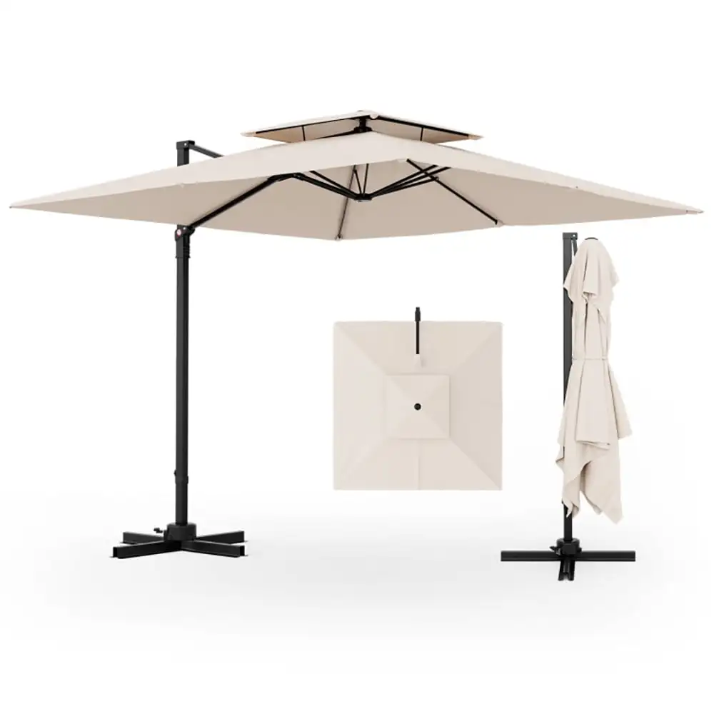 Resenkos 9.5 Feet Cantilever Patio Umbrella with 360?? Rotation and Double Top-Beige. Patio Offset Umbrella with Easy Tilt Adjustment. Outdoor Hanging Umbrella. Sunshade Umbrella Canopy