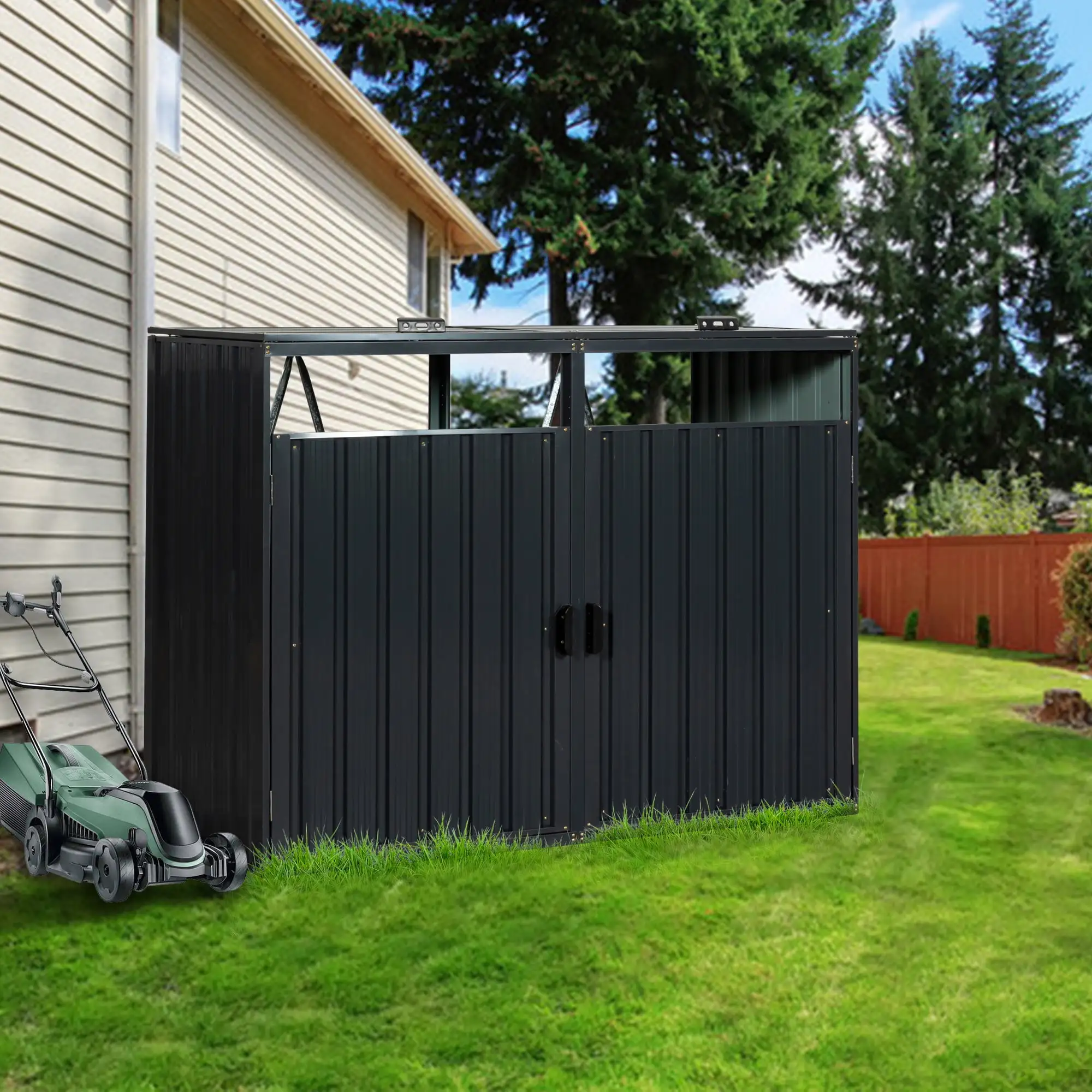 Resenkos Garbage Bin Shed Stores 2 Trash Cans Metal Outdoor Bin Shed for Garbage Storage.Stainless Galvanized Steel. Bin Shed for Garden Yard Lawn