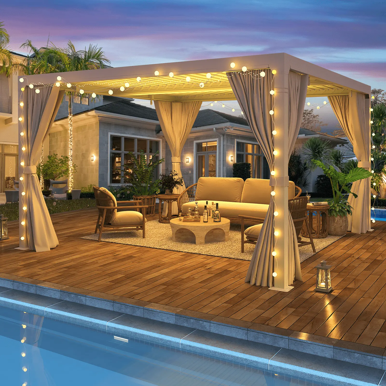 Richryce 10'??10' Outdoor Louvered Pergola with Adjustable Aluminum Rainproof Roof and Curtains. White