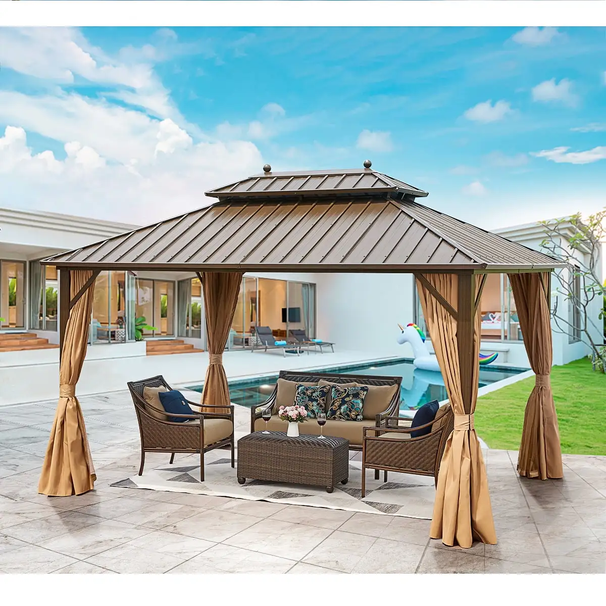 Richryce 10' X 13' Hardtop Gazebo Galvanized Steel Outdoor Gazebo Canopy Double Vented Roof Pergolas Aluminum Frame with Netting and Curtains for Garden.Patio.Lawns.Parties