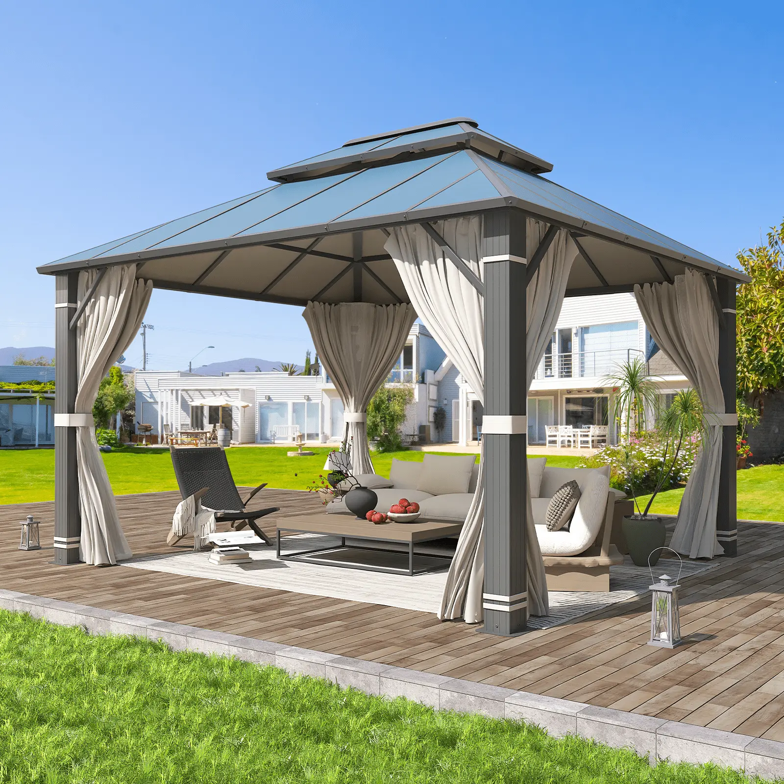 Richryce 10x12FT Hardtop Gazebo. Permanent Outdoor Aluminum Patio Gazebo with Aluminum Composite Double Roof for Patio Lawn and Garden. Curtains and Netting Included