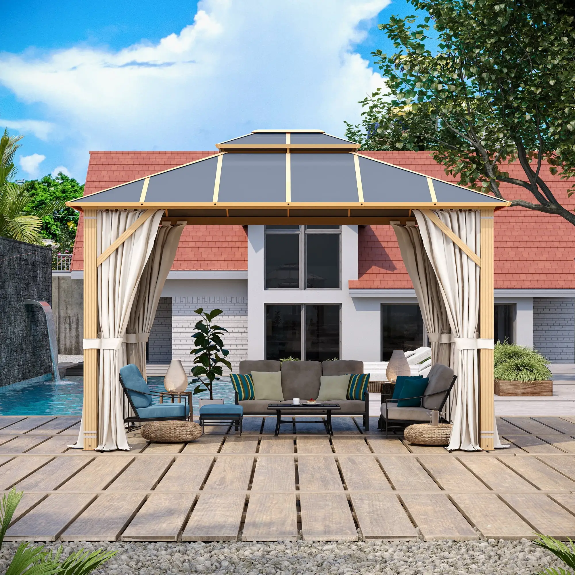 Richryce 10x12ft Hardtop Gazebo. Wooden Finish Coated Aluminum Frame Gazebo with Double Aluminum Composite Roof for Patio