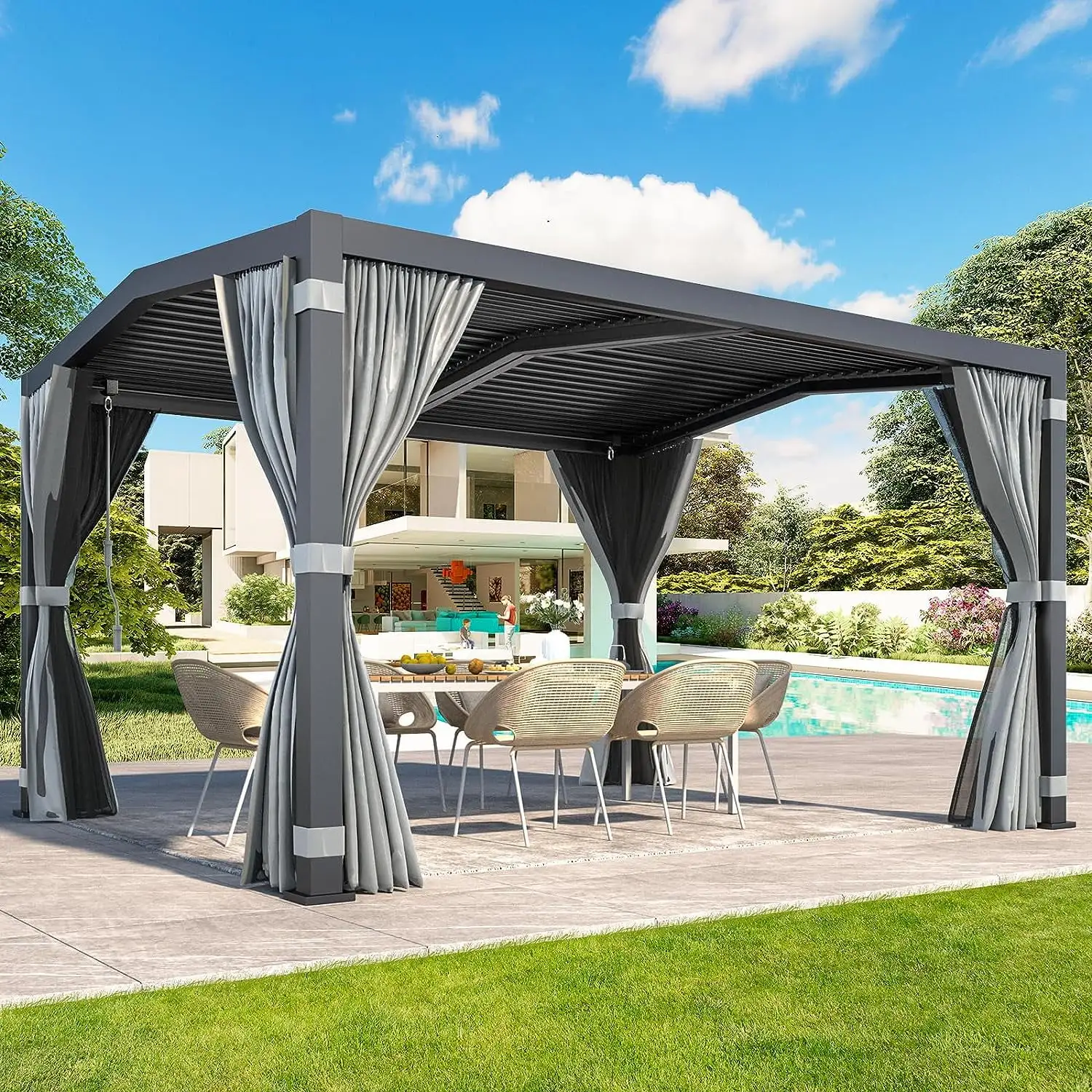 Richryce 11x13 FT Louvered Pergola with Adjustable Rainproof Roof. Outdoor Aluminum Pergola for Patio. Lawn & Garden. Curtains and Netting Included