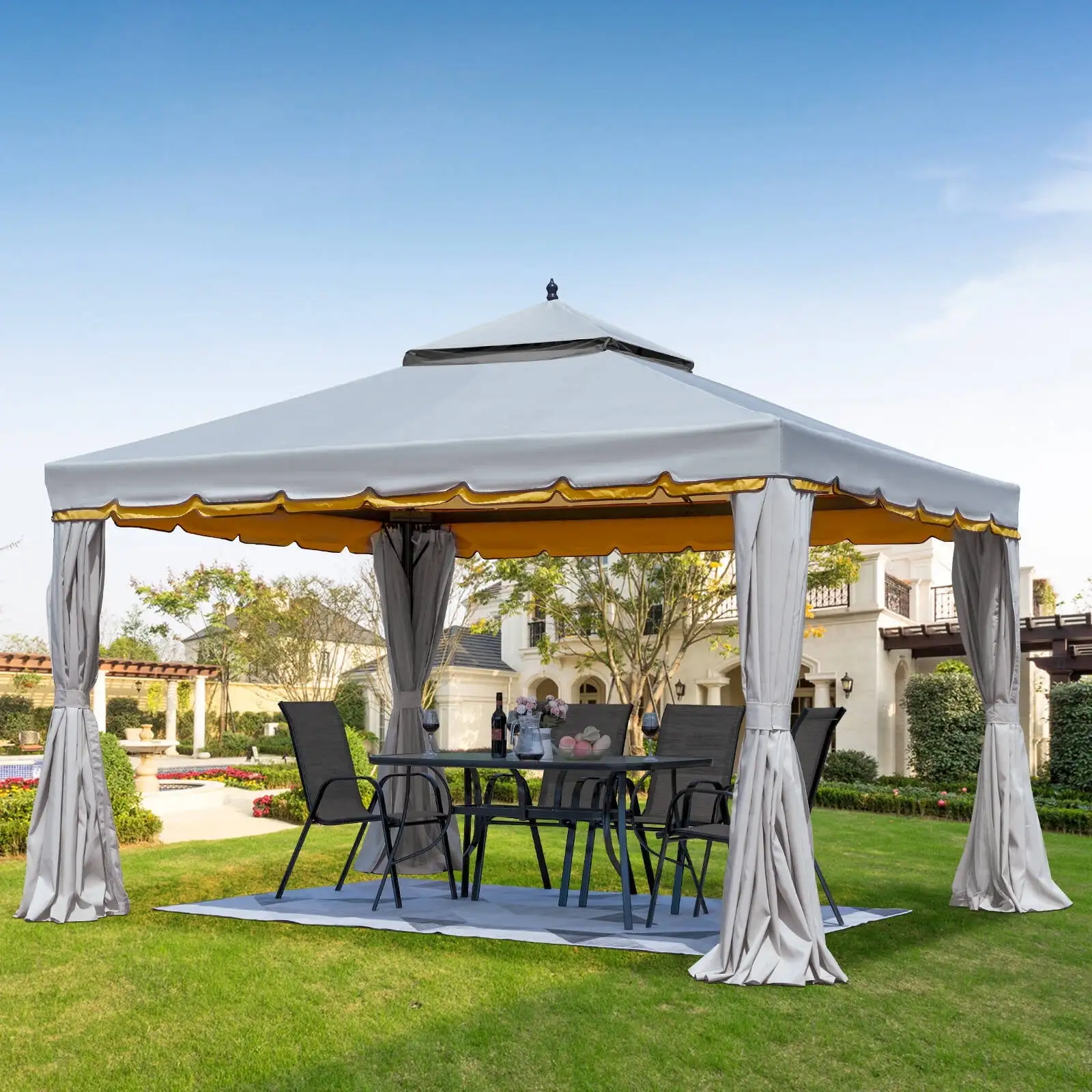 Richryce 12' x 12' Outdoor Gazebo Canopy. Aluminum Frame Soft Top Outdoor Patio Gazebo with Polyester Curtains and Air Venting Screens