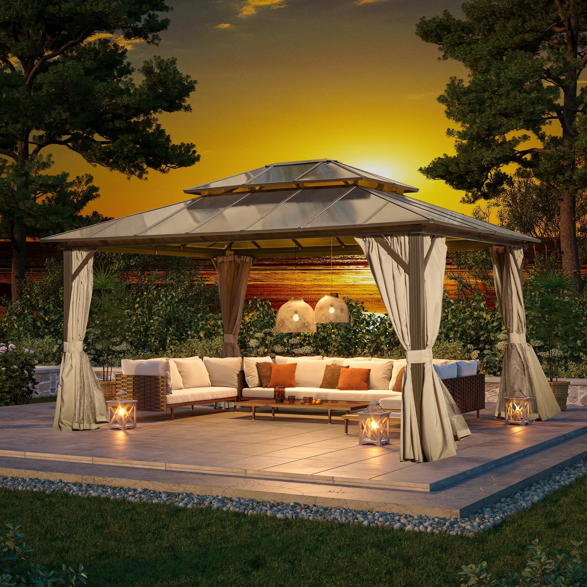 Richryce 12 x 14 FT Hardtop Gazebo. Outdoor Gazebo with Polycarbonate Double Canopy. Aluminum Gazebo for Patios