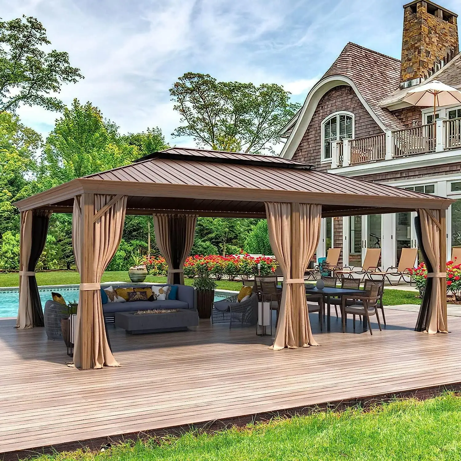 Richryce 14' x 20' Hardtop Gazebo. Wooden Finish Coated Aluminum Frame Canopy with Double Galvanized Steel Roof. Outdoor Permanent Metal Pavilion with Curtains and Nettings for Patio