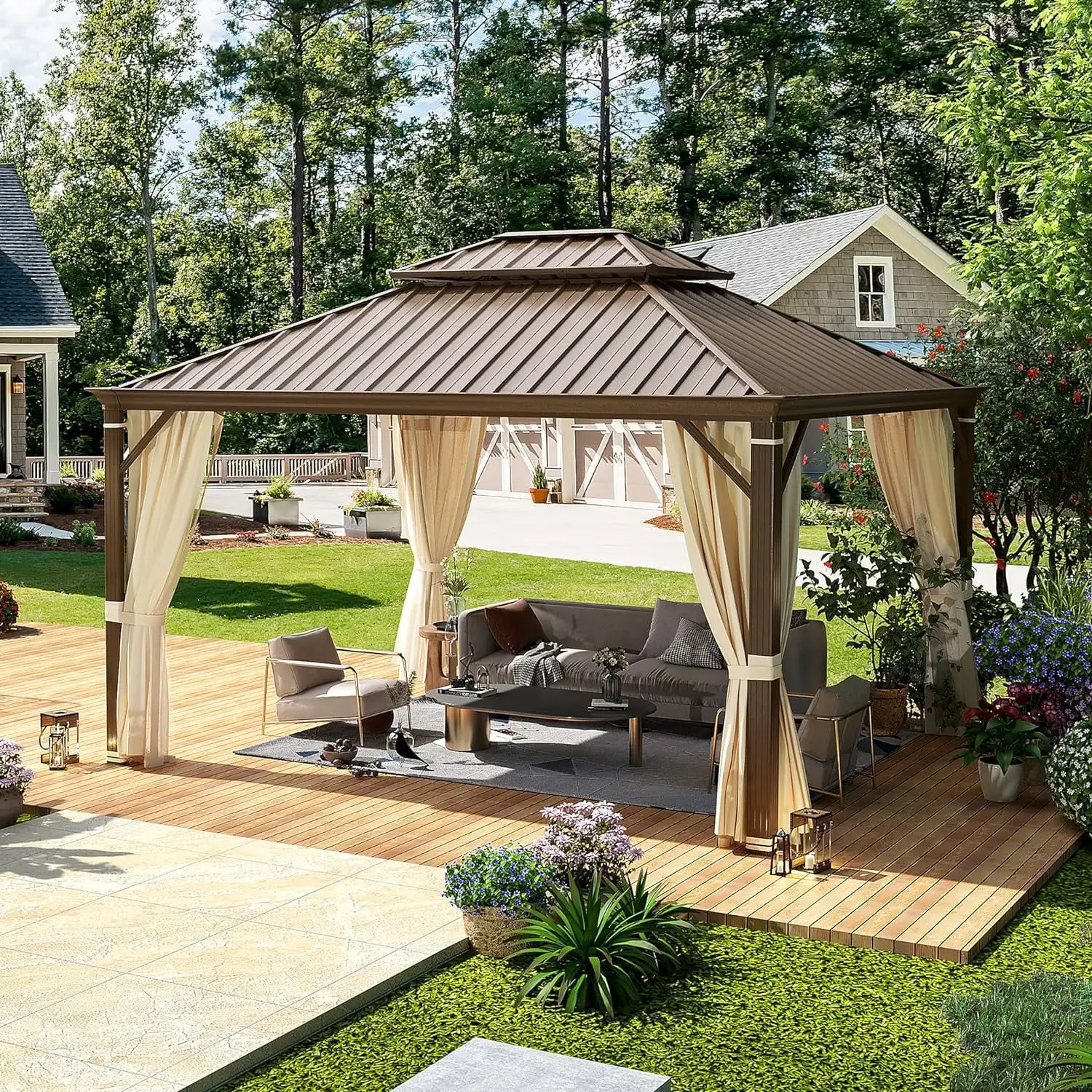 Richryce Gazebo 12'x14'W/Steel Double Roof Hardtop Gazebo. Rust Resistant Coated Aluminum Frame Waterproof Pavilion. Curtains & Netting Included Gazebo for Patio Backyard Garden Lawn Parties. Brown