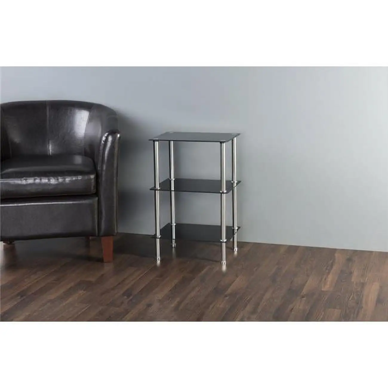 S33-A Small 3-Shelf Unit. Black Glass and Chrome