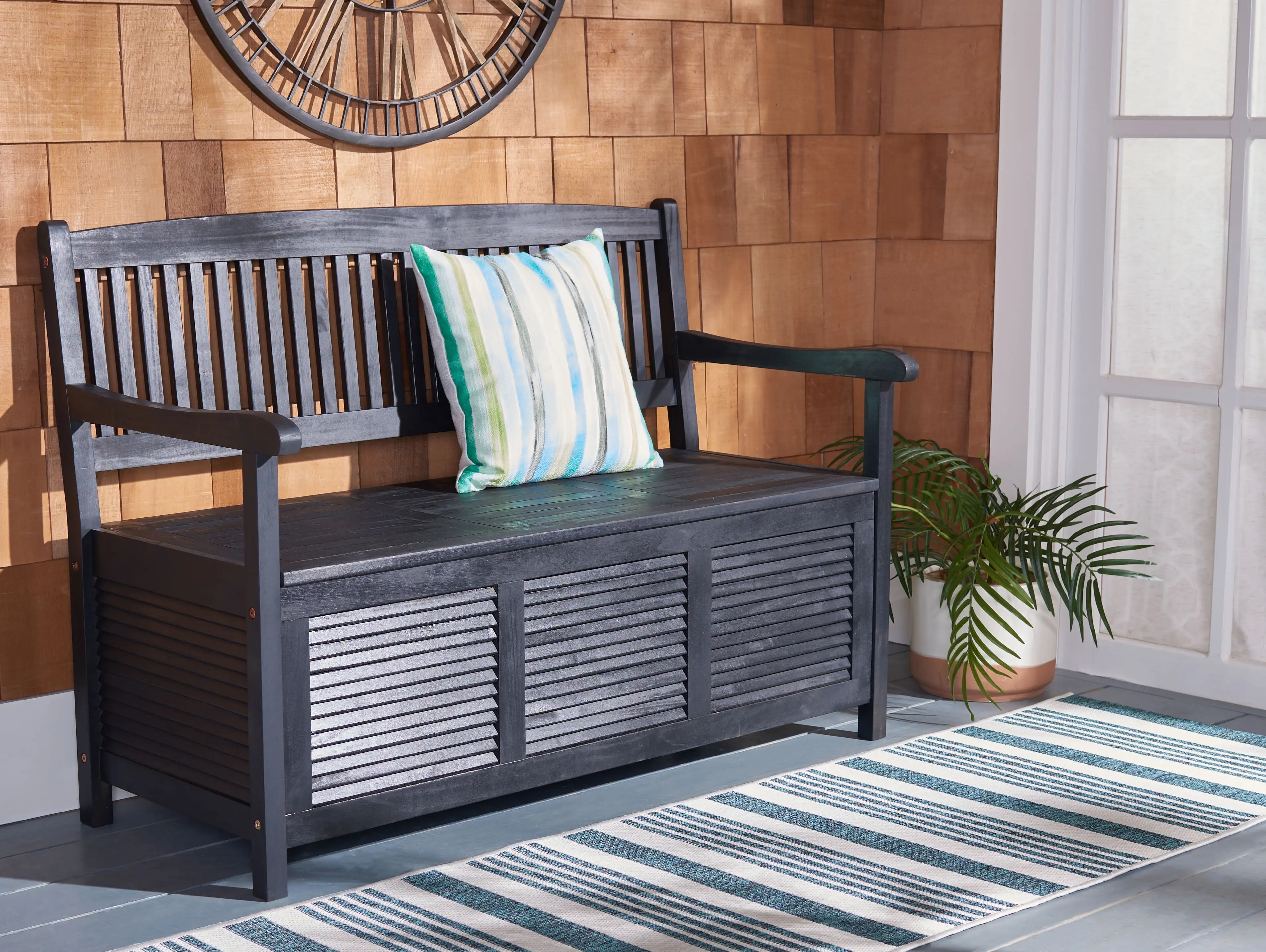 SAFAVIEH Brisbane Transitional Outdoor Patio Storage Bench. Black