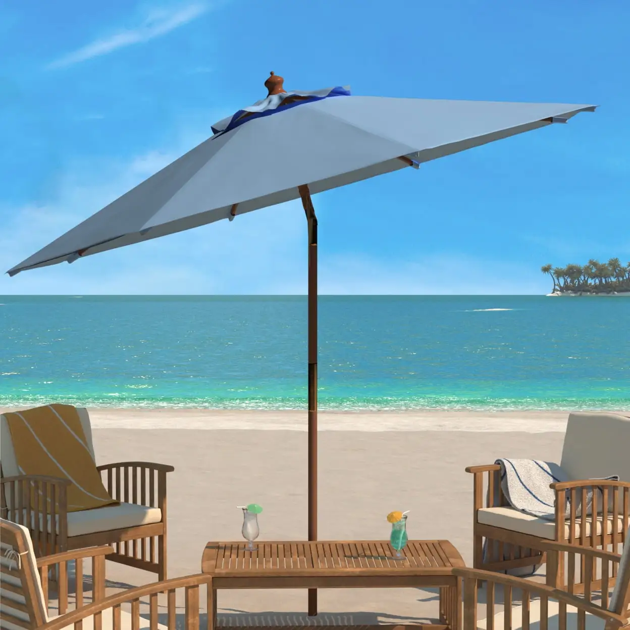 SAFAVIEH Cannes 9' Market Push Wooden Patio Umbrella. Baby Blue