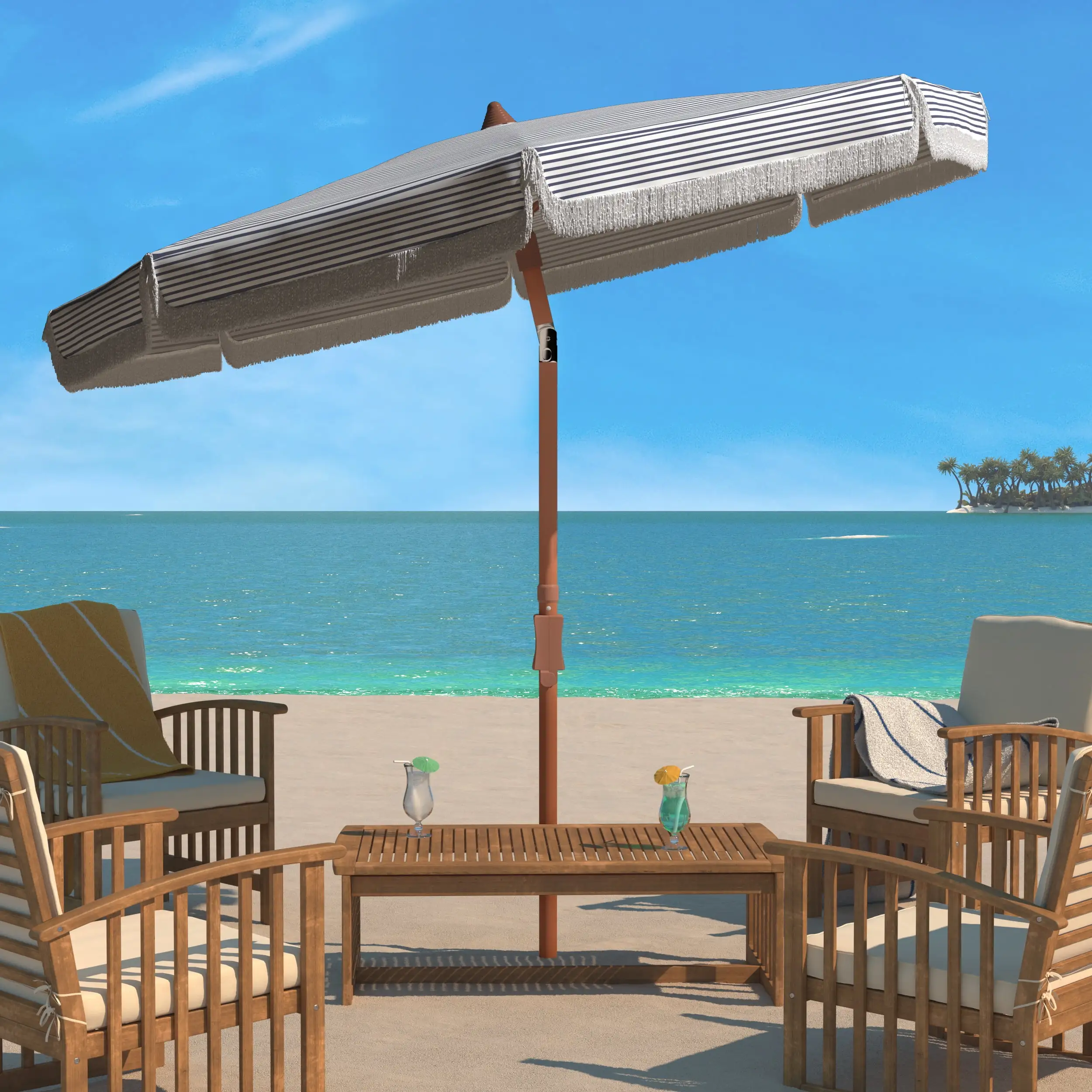 SAFAVIEH Copen 6.5' Beach Patio Umbrella. White/Navy