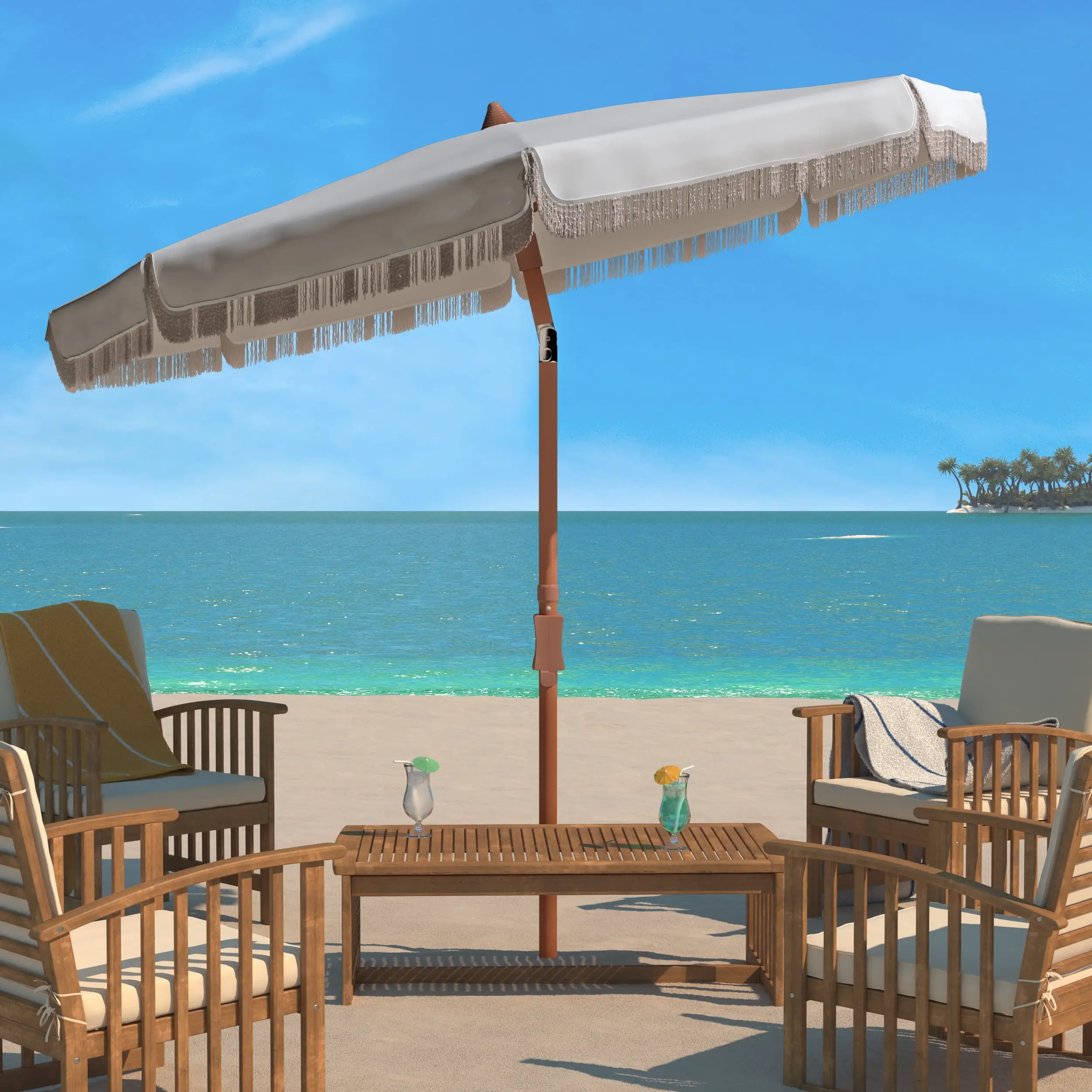 SAFAVIEH Estonia 6.5' Fringe Beach Patio Umbrella. White