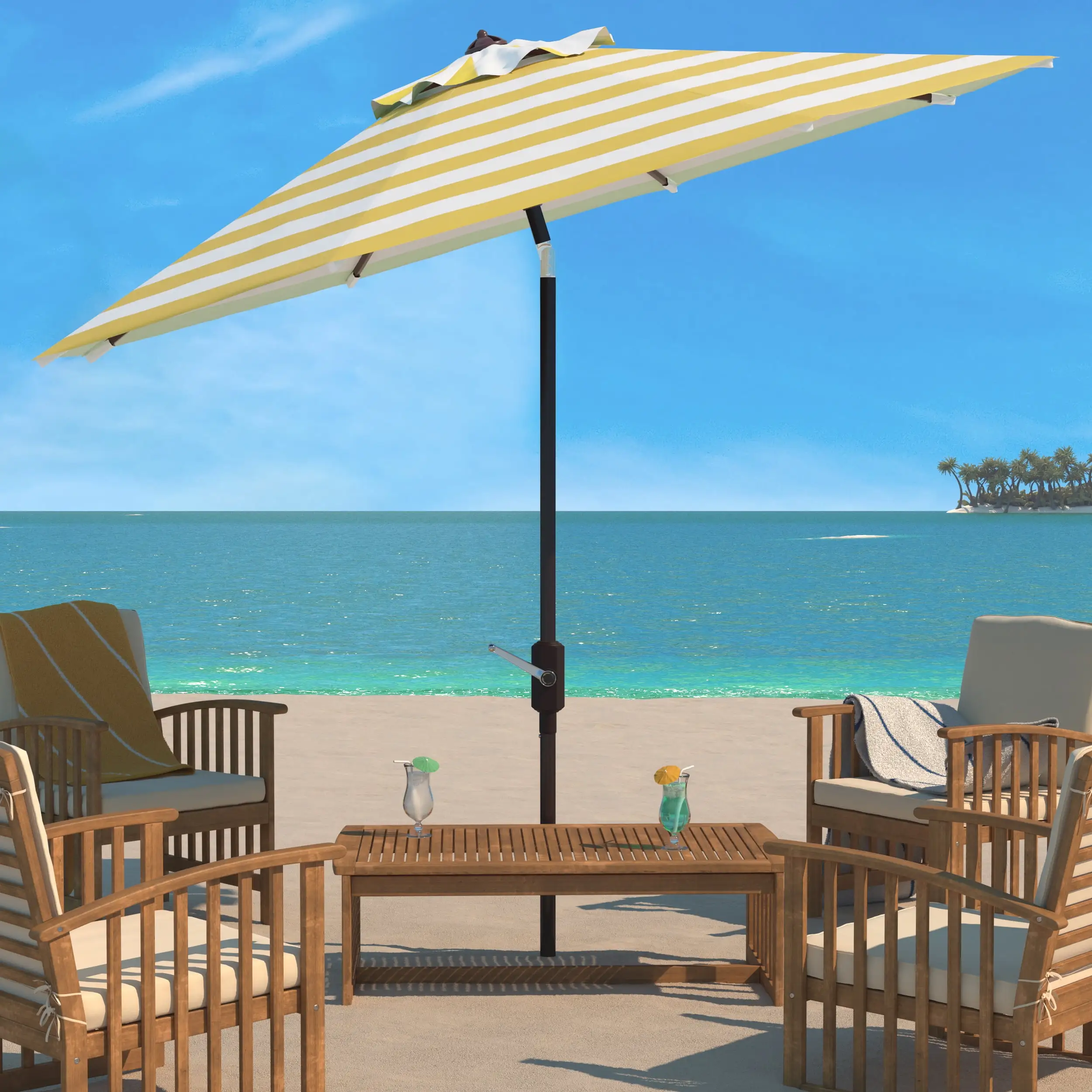 SAFAVIEH Iris 11' Market Crank Round Patio Umbrella. Orange Stripe