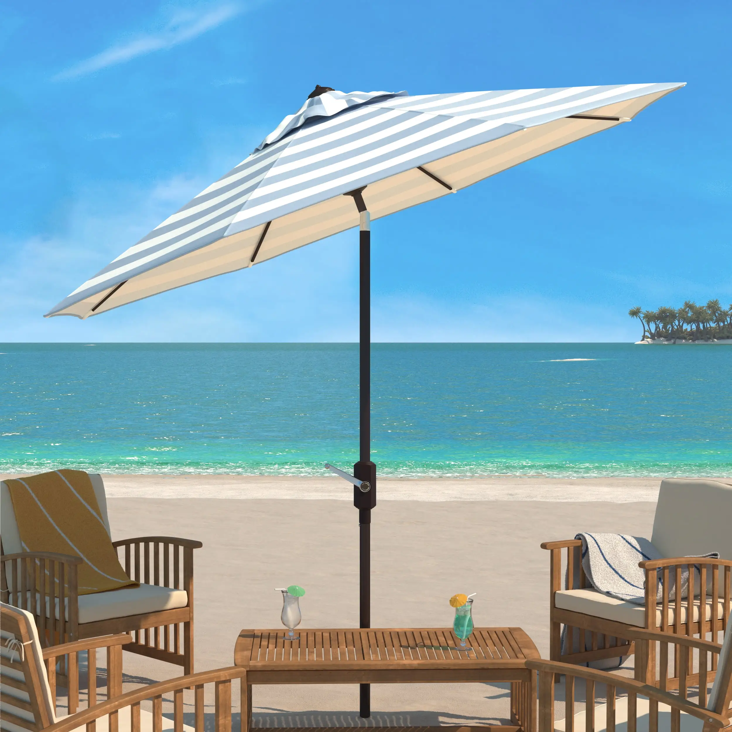 SAFAVIEH Iris 9' Market Auto Tilt Patio Umbrella. Baby Blue/White