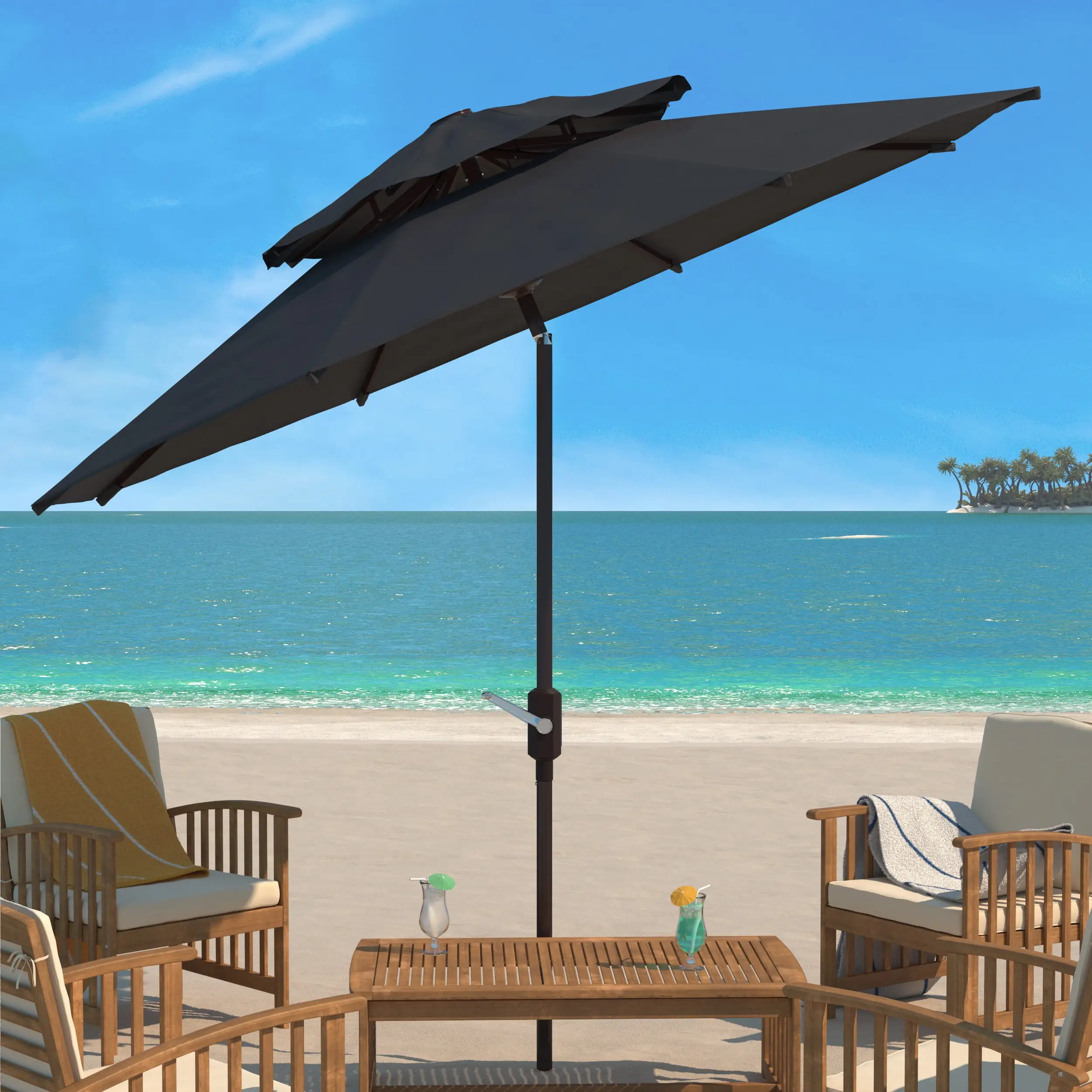 SAFAVIEH Lorenia 9' Double Top Market Patio Umbrella. Navy