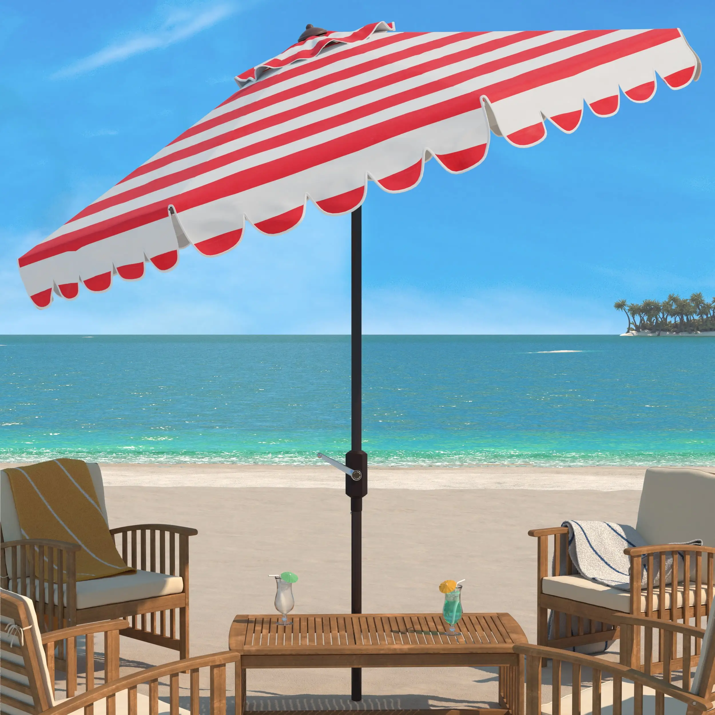 SAFAVIEH Maui 9' Market Crank Striped Tilt Patio Umbrella. Red Stripe