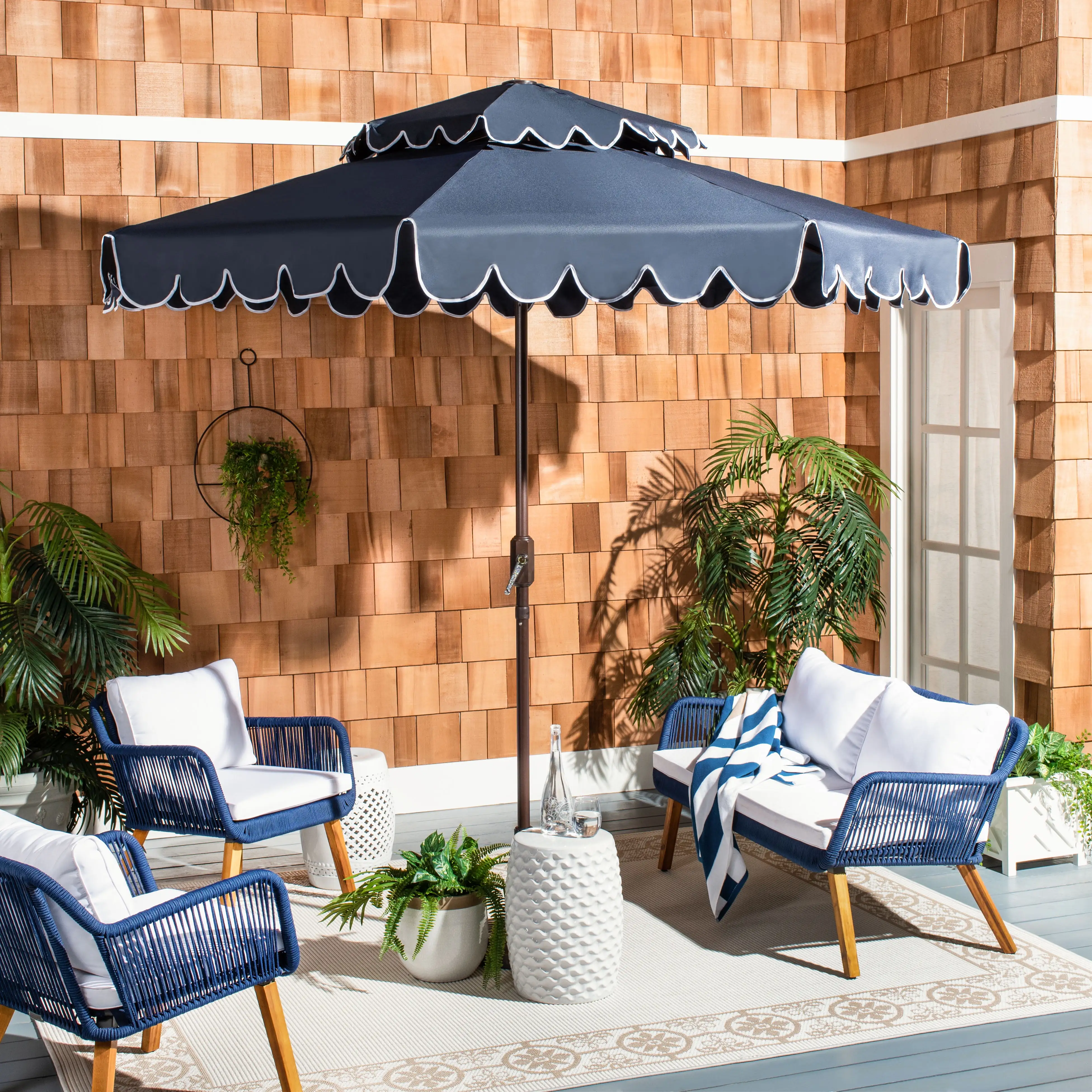 SAFAVIEH Outdoor Collection Venice 9-Foot Round Double Top Umbrella Navy/White