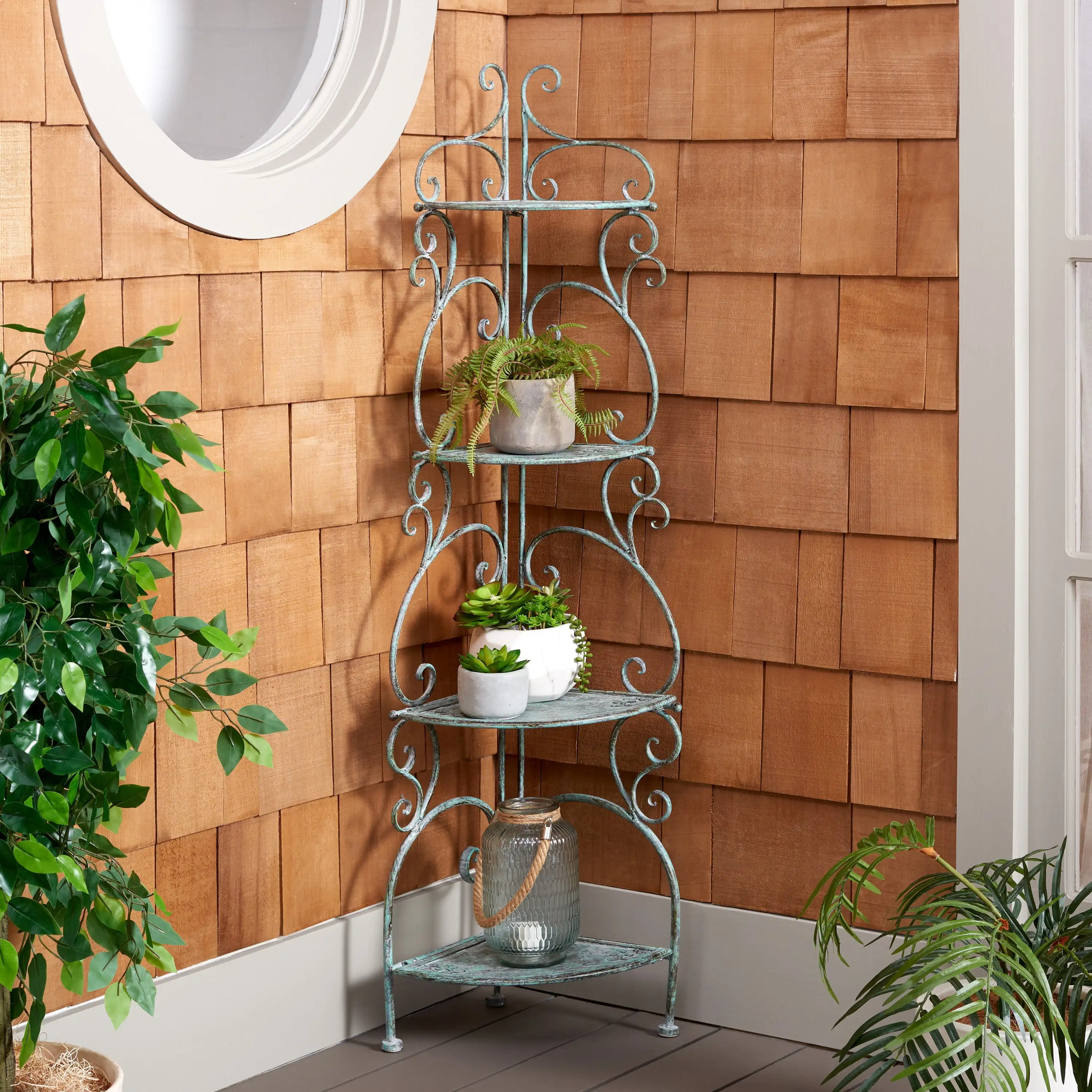 SAFAVIEH Turuca Outdoor Patio 4 Tier Corner Shelf Unit. Antique Green