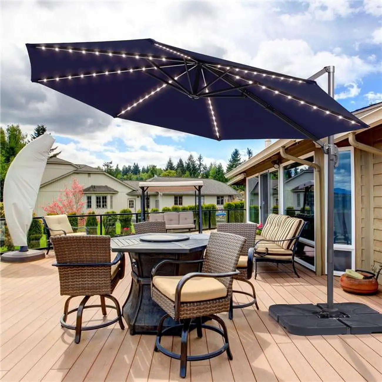 SANLUCE 10 ft. Round Solar LED 360-Degree Rotation Cantilever Offset Outdoor Patio Umbrella in Navy Blue