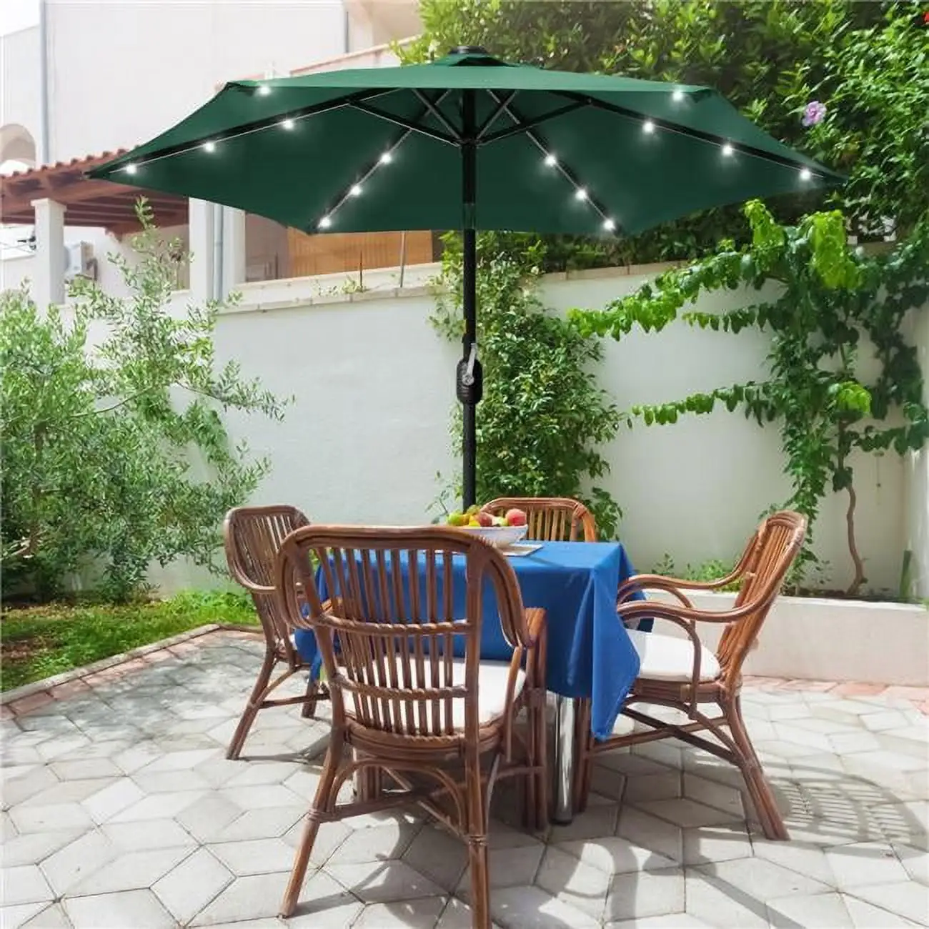 SANLUCE 7.5 ft. Solar Lighted LED Patio Market Crank and Tilt Umbrellas. Table Umbrellas.UV-Resistant Canopy in Dark Green