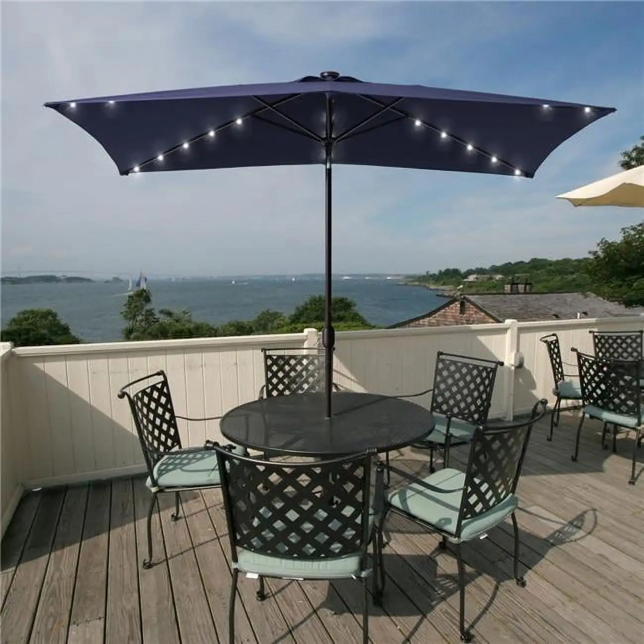 SANLUCE Solar LED 10 ft. x 6.5 ft. Aluminum Patio Rectangle Market Umbrella in Navy Blue with Push-Button Tilt