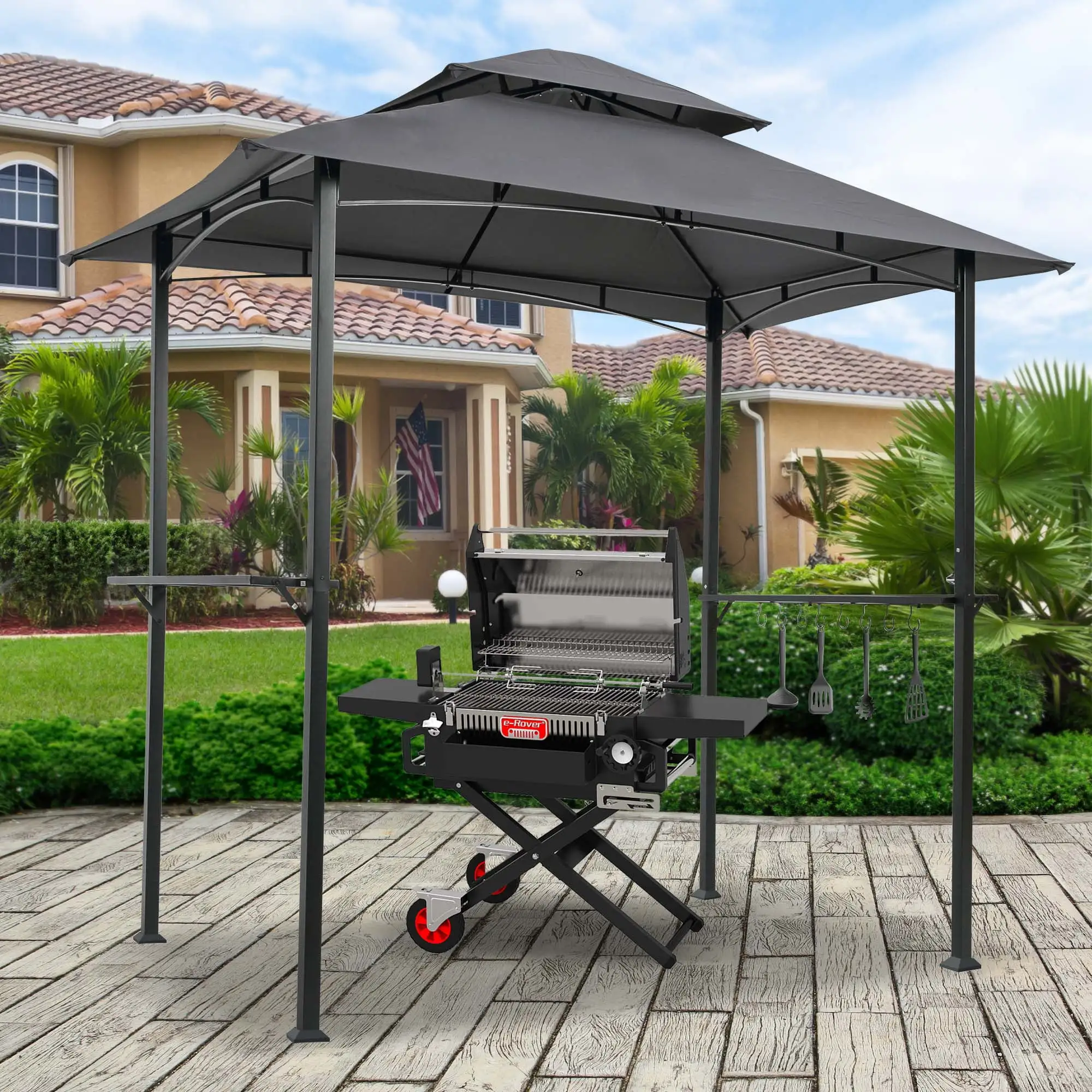 SEGMART 8x5Ft Outdoor Grill Gazebo Canopy. Patio Gazebo Tent BBQ Gazebo with Hook and Bar Counters. Backyard Gazebo Tent Shelter Tent with Double Tier Soft Top Canopy and Steel Frame. Grey