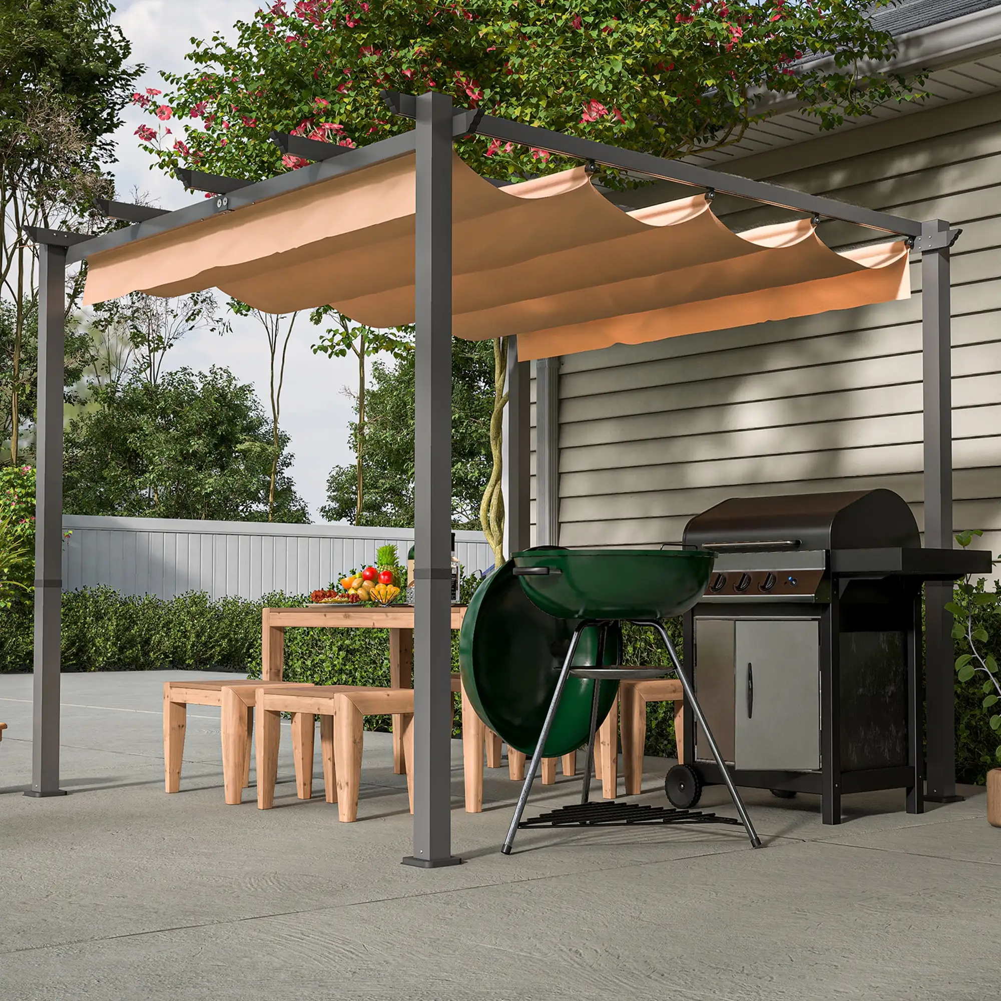 SESSLIFE 10'x 10' Gazebo and Pergola. Retractable Pergola with Canopy Sun Shelter. Metal Frame Patio Pergola. Gray. TE3150