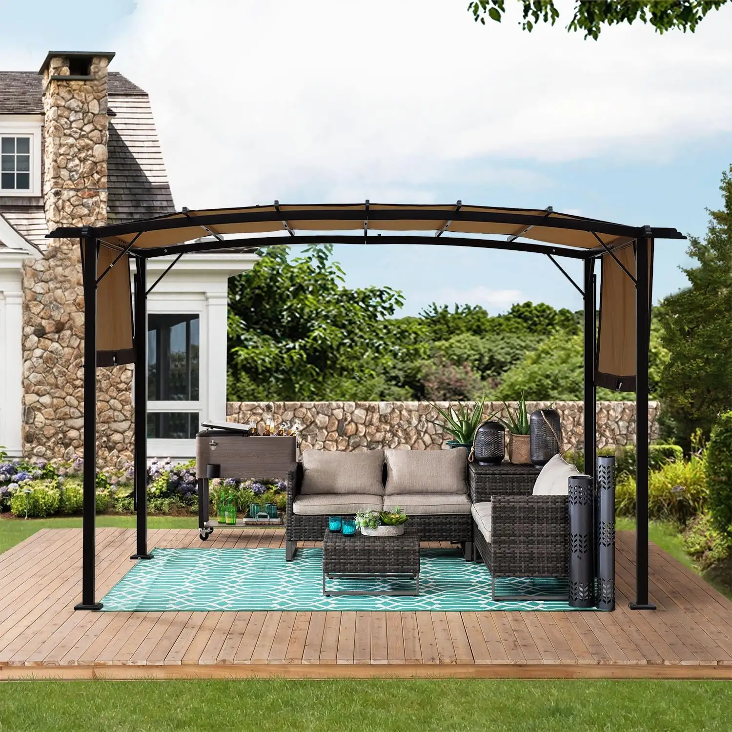 SESSLIFE 12' x 9' Outdoor Pergola Gazebo. Brown Patio Pergola with Retractable Canopy. Modern Metal Pergola. Sun Shade Aluminum Pergola for Porch Beach Pavilion Lawn