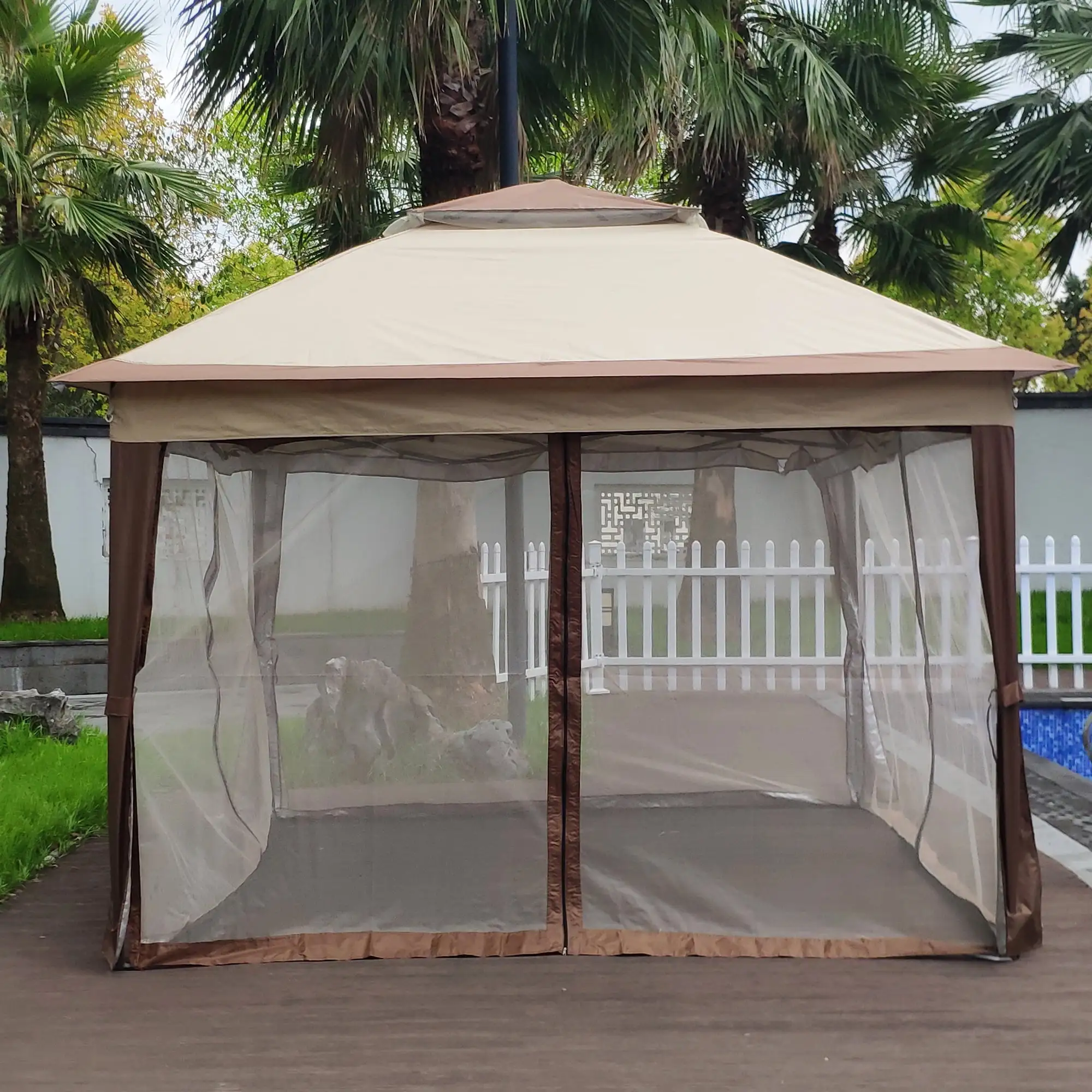 SESSLIFE Gazebo with Curtains. 11ft x 11ft Double Roof Outdoor Canopy Shelter. Coffee Gazebo Tent for Backyard Deck Patio Furniture