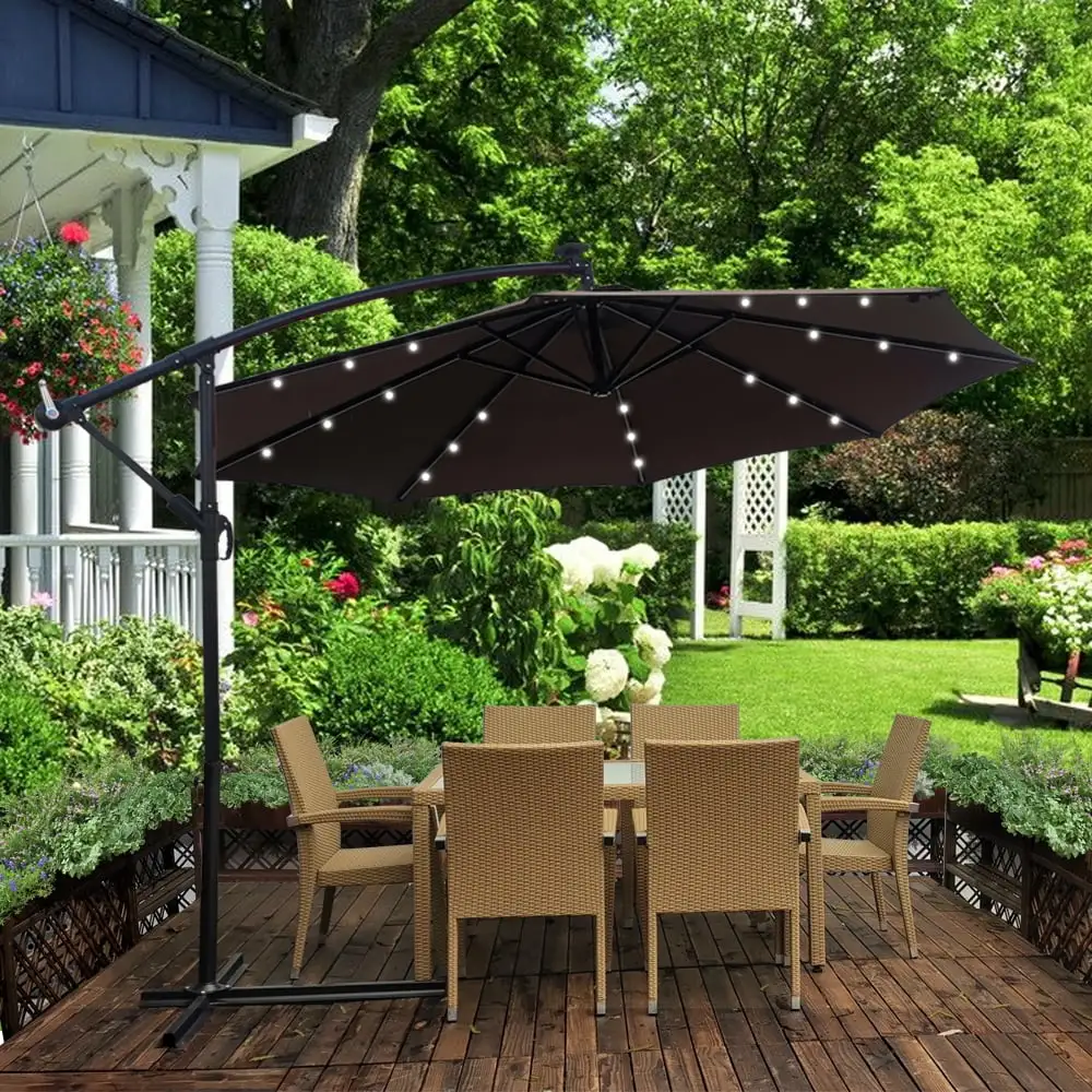 Sesslife Outdoor Umbrella with Lights. 10 ft Chocolate Market Umbrella. Patio Offset Umbrella for Garden. Pool. Backyard. Lawn. TE2699