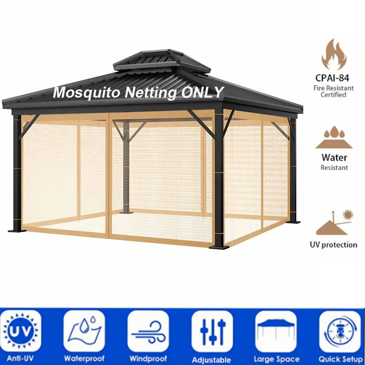 SHANNA Gazebo Universal Replacement Mosquito Netting 10' x 12' Outdoor Mesh Netting Screen 4-Panel Sidewall Curtain with Zipper.Brown