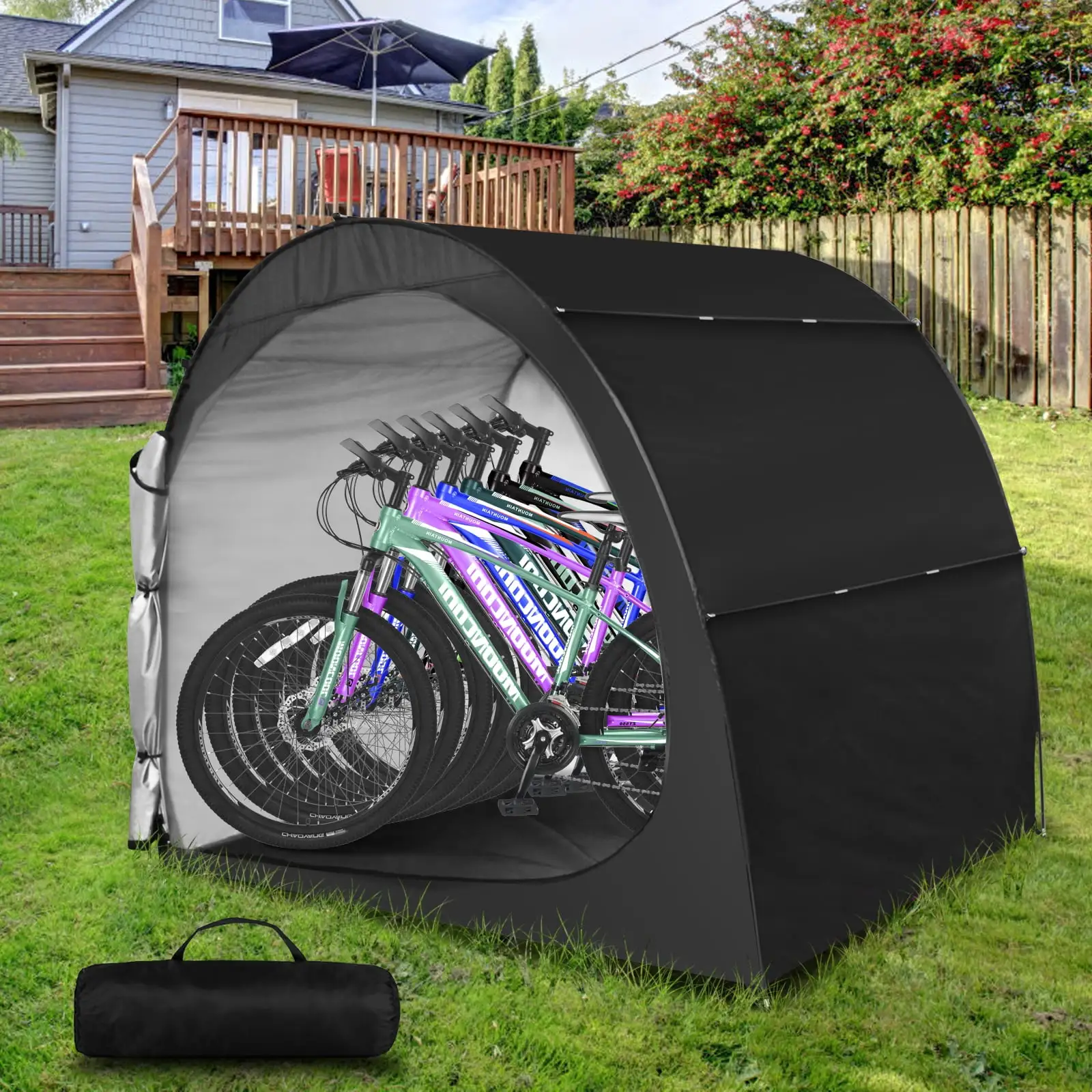 SLSY Extra Large Bike Storage Tent for 6 Bikes. 6.5' x 5.3'x 5.3' Waterproof Heavy Duty Bike Cover w/ Bag. Portable Shed Cover for Bikes. Lawn Mower. Garden Tools