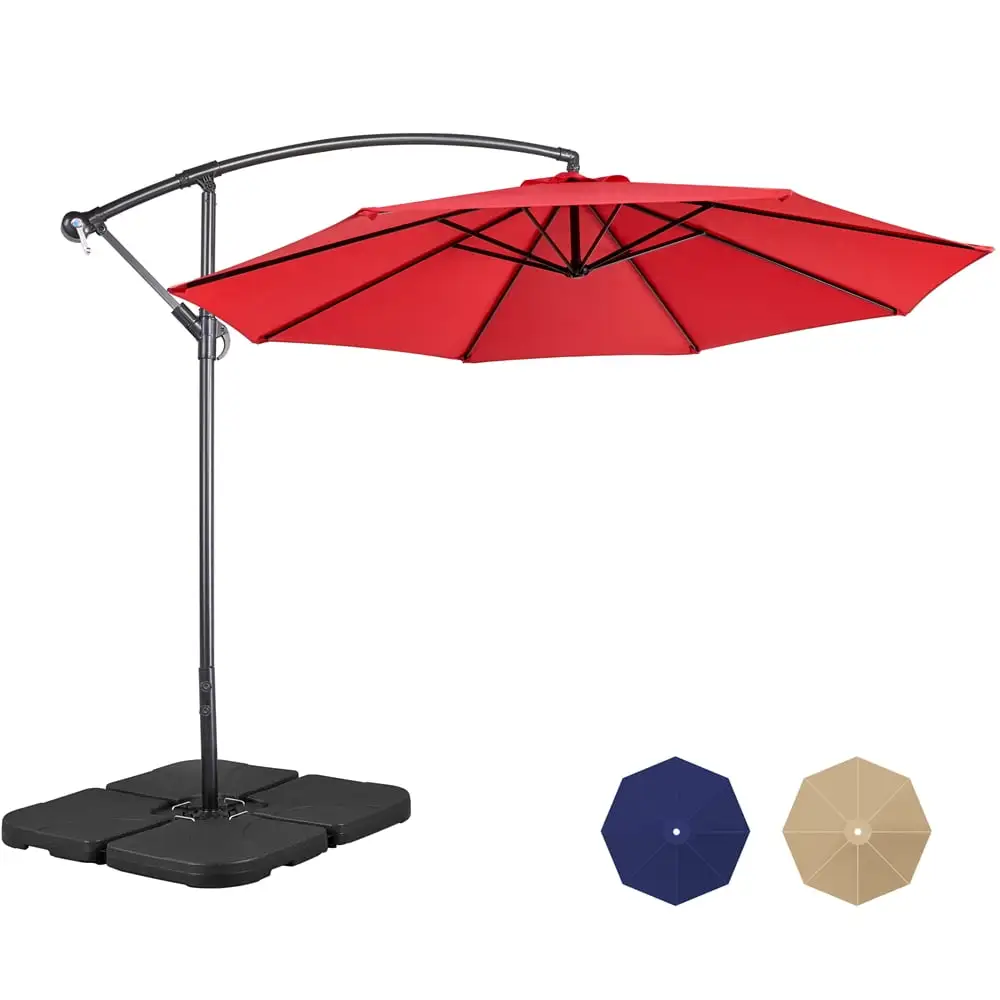 SMILE MART 10 Ft Patio Offset Umbrella with 4PCS Fillable Patio Umbrella Base Stand for Outdoor.Red