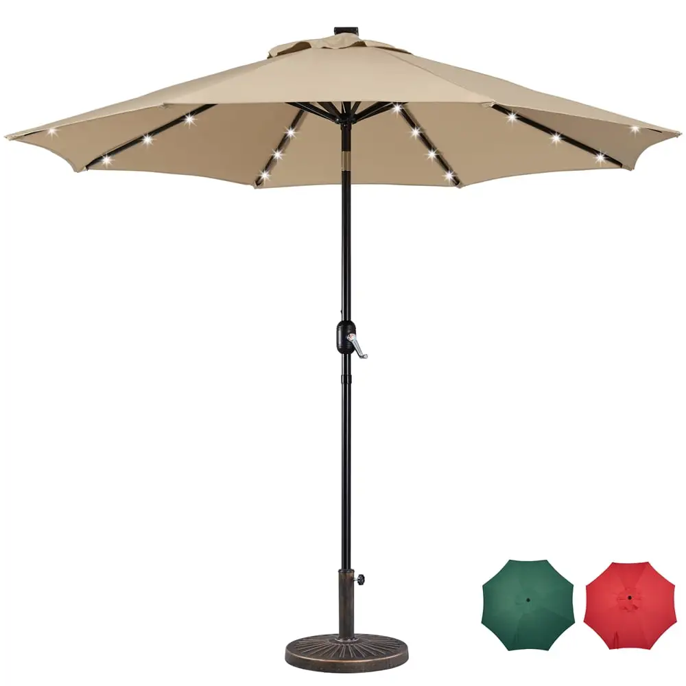 SMILE MART 9FT LED Patio Umbrella with 8 Ribs Tilt and Crank + Patio Umbrella Base.Tan