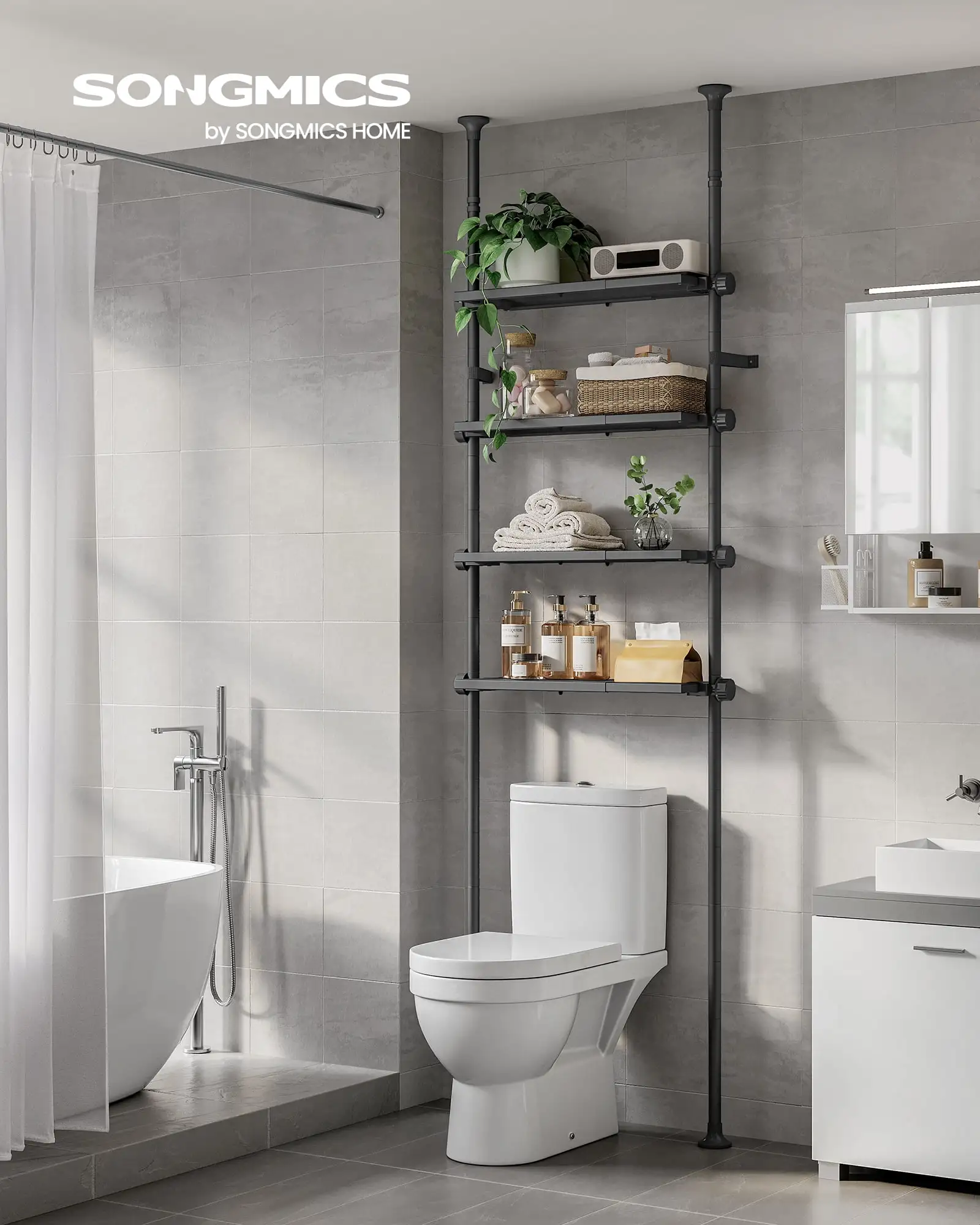 SONGMICS Bathroom Organizer 4-Tier. Over The Toilet Storage Shelf. 4 Height Adjustable and Extendable Shelves. 35.4 to 122.1 Inch Tall. for Small Spaces. Bathroom. Living Room